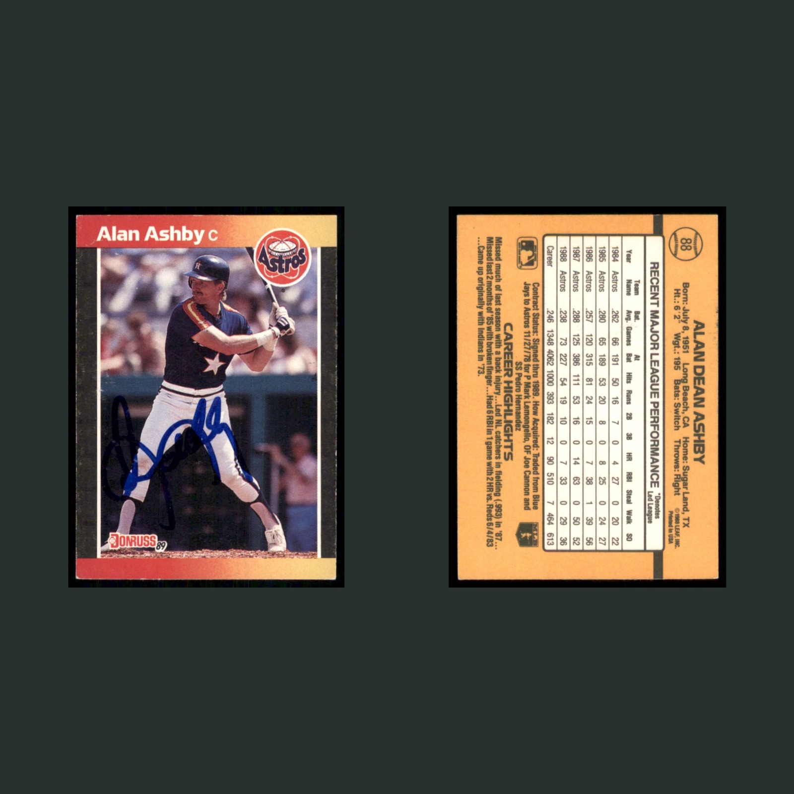 Alan Ashby Auto #88 Autograph 1989 Donruss Houston Astros Baseball Card MLB front and back scans. Card condition is Excellent.