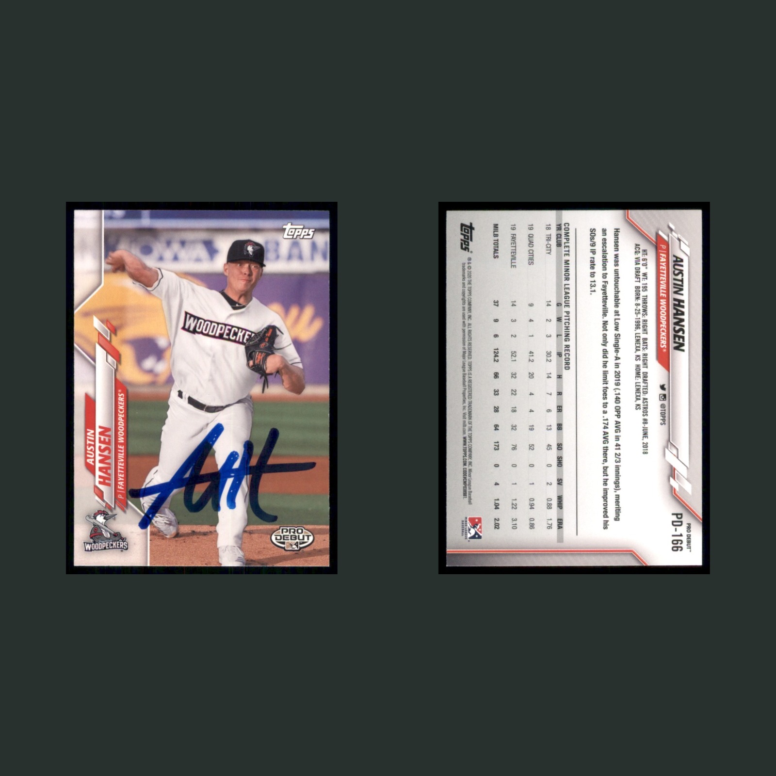 Austin Hansen Auto #PD-166 Autograph 2020 Topps Pro Debut Baseball Card MLB front and back scans. Card condition is Excellent.