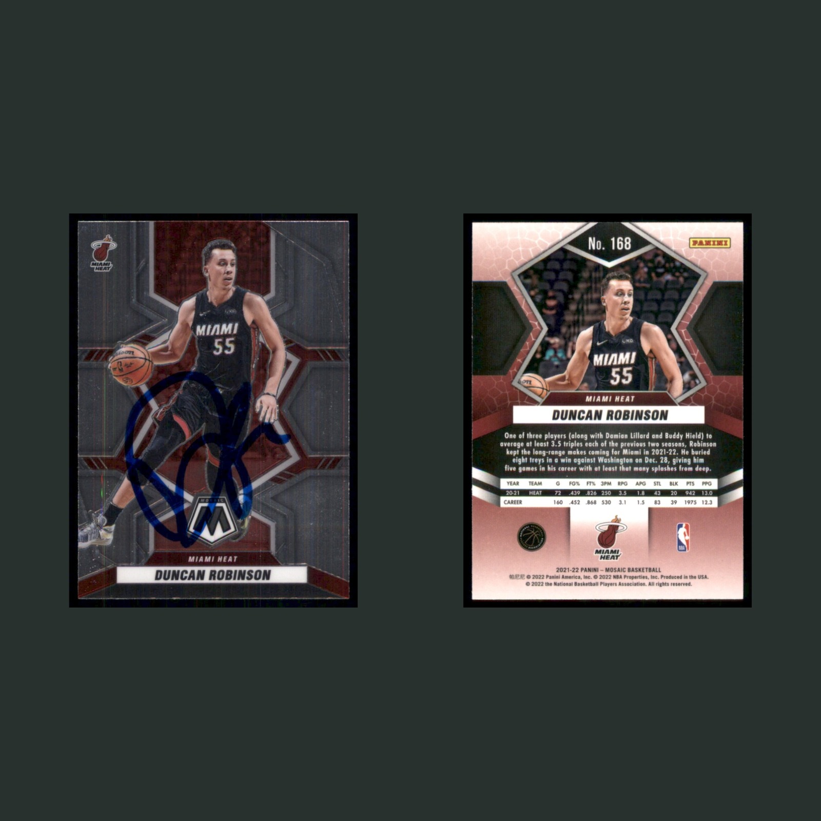 Duncan Robinson Auto #168 Autograph 2021-22 Panini Mosaic Miami Heat Basketball front and back scans. Card condition is Near Mint.