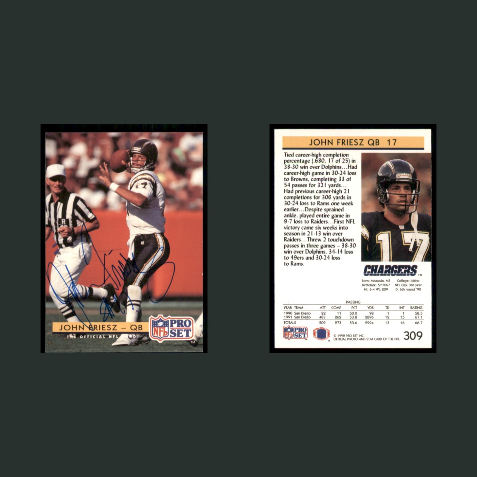 John Friesz Auto #309 Autograph 1992 Pro Set San Diego Chargers Football Card front and back scans. Card condition is Excellent.