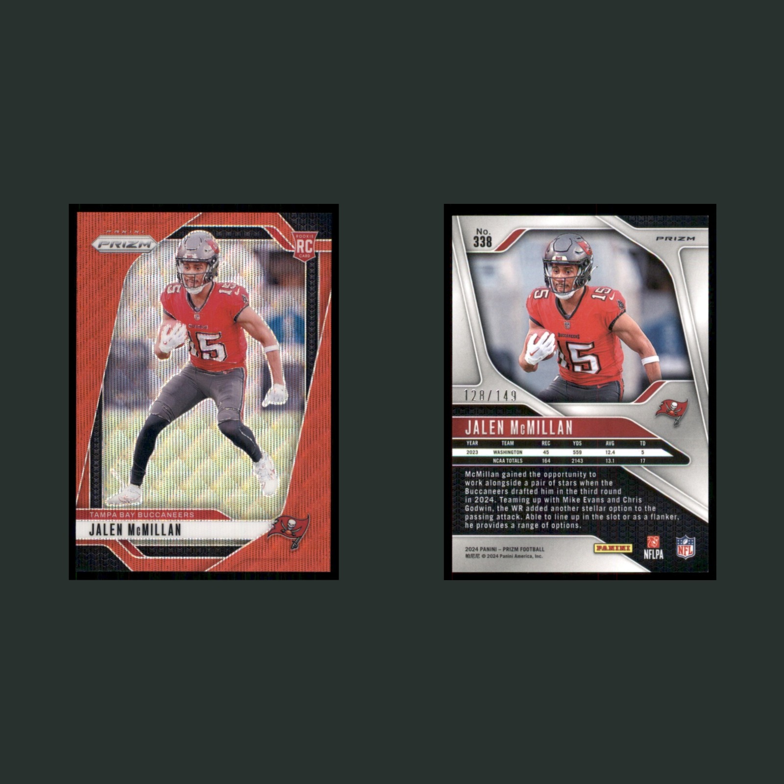 Jalen McMillan Rookie /149 #338 2024 Panini Prizm Red Wave Tampa Bay Buccaneers front and back scans. Card condition is Near Mint.