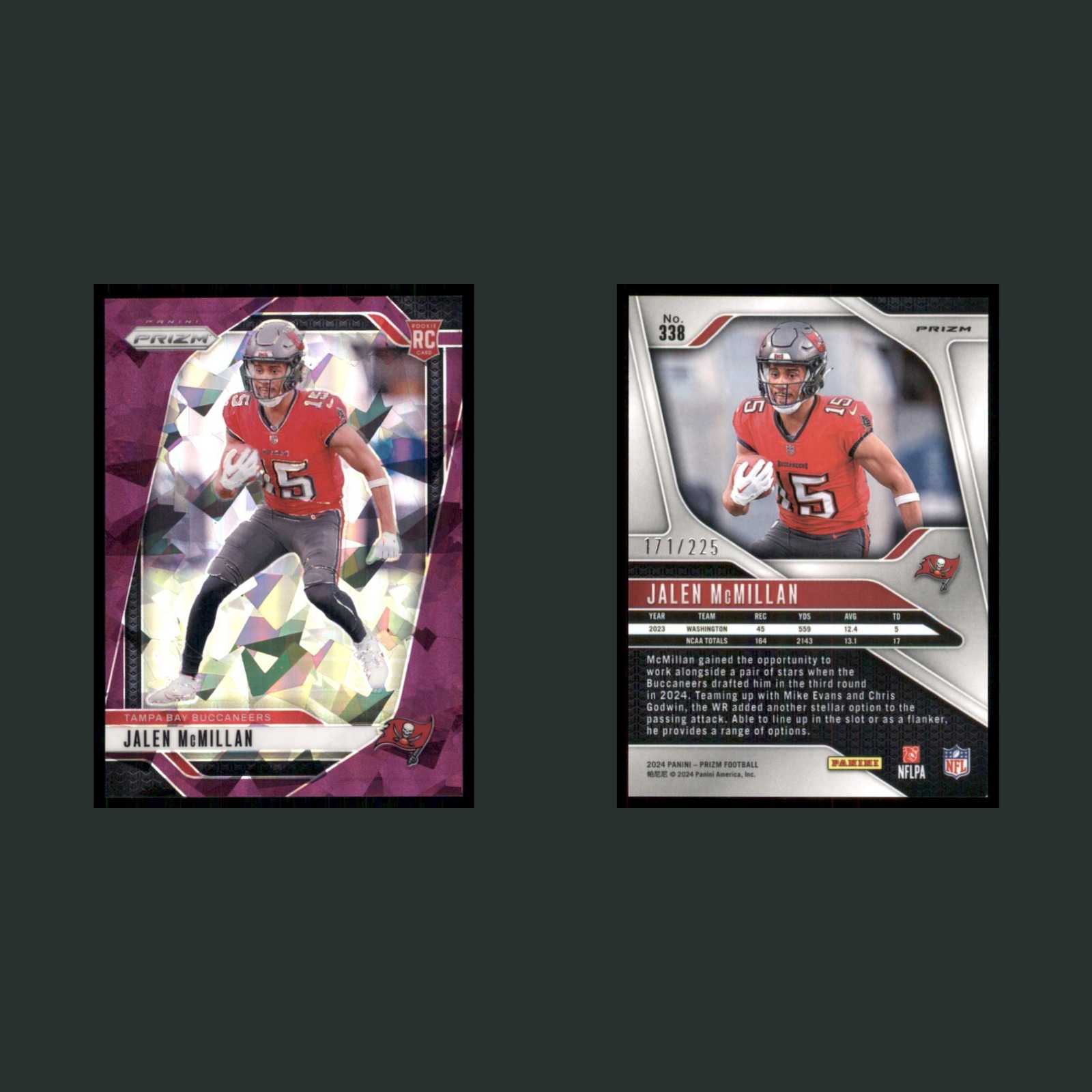 Jalen McMillan Rookie /225 #338 2024 Panini Prizm Purple Ice Buccaneers Football front and back scans. Card condition is Near Mint.