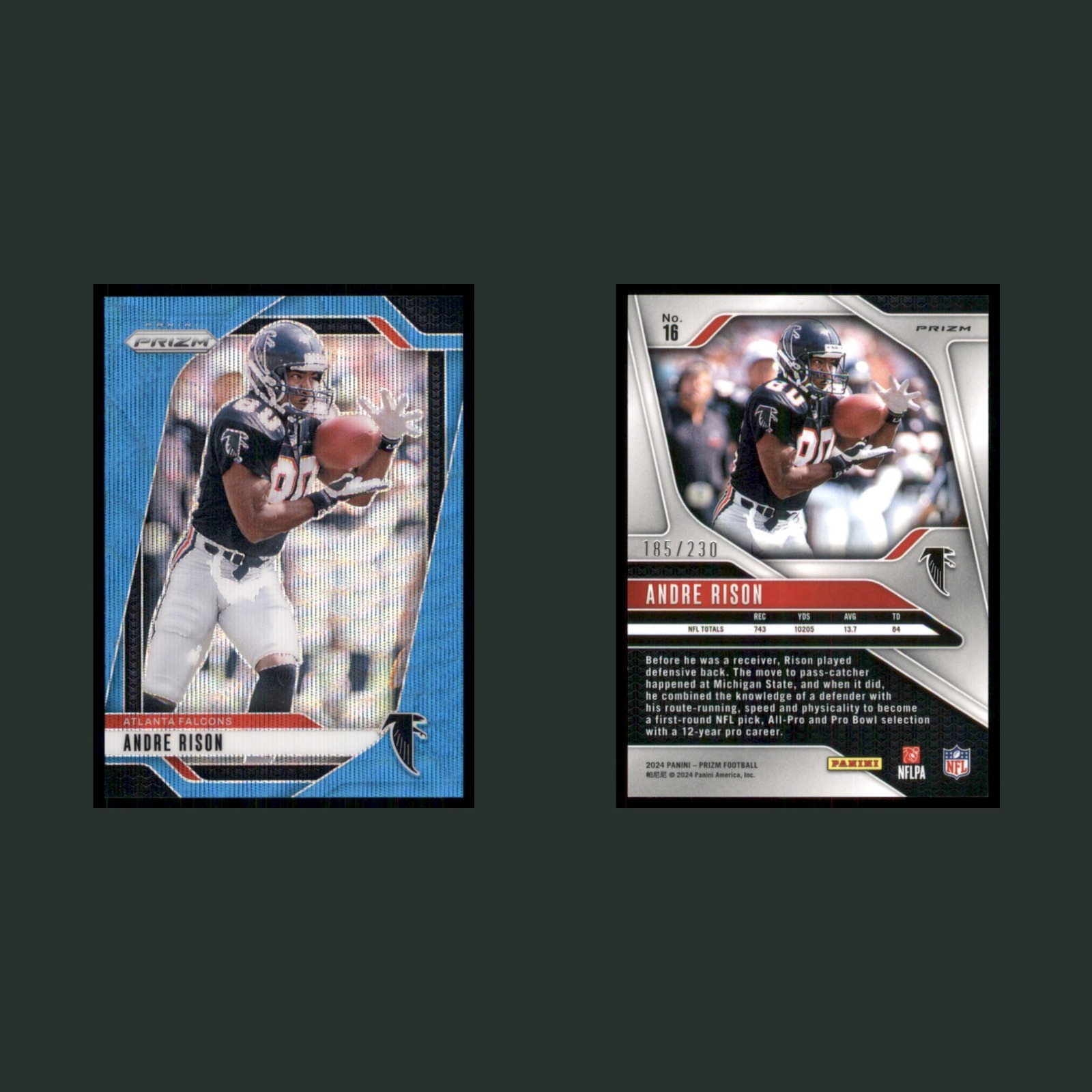 Andre Rison /230 #16 2024 Panini Prizm Blue Wave Atlanta Falcons Football Card front and back scans. Card condition is Near Mint.