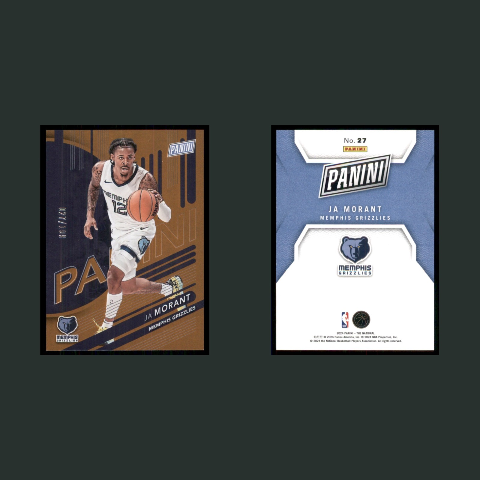 Ja Morante /199 #27 2024-25 Panini The National Orange Memphis Grizzlies Card front and back scans. Card condition is Near Mint.