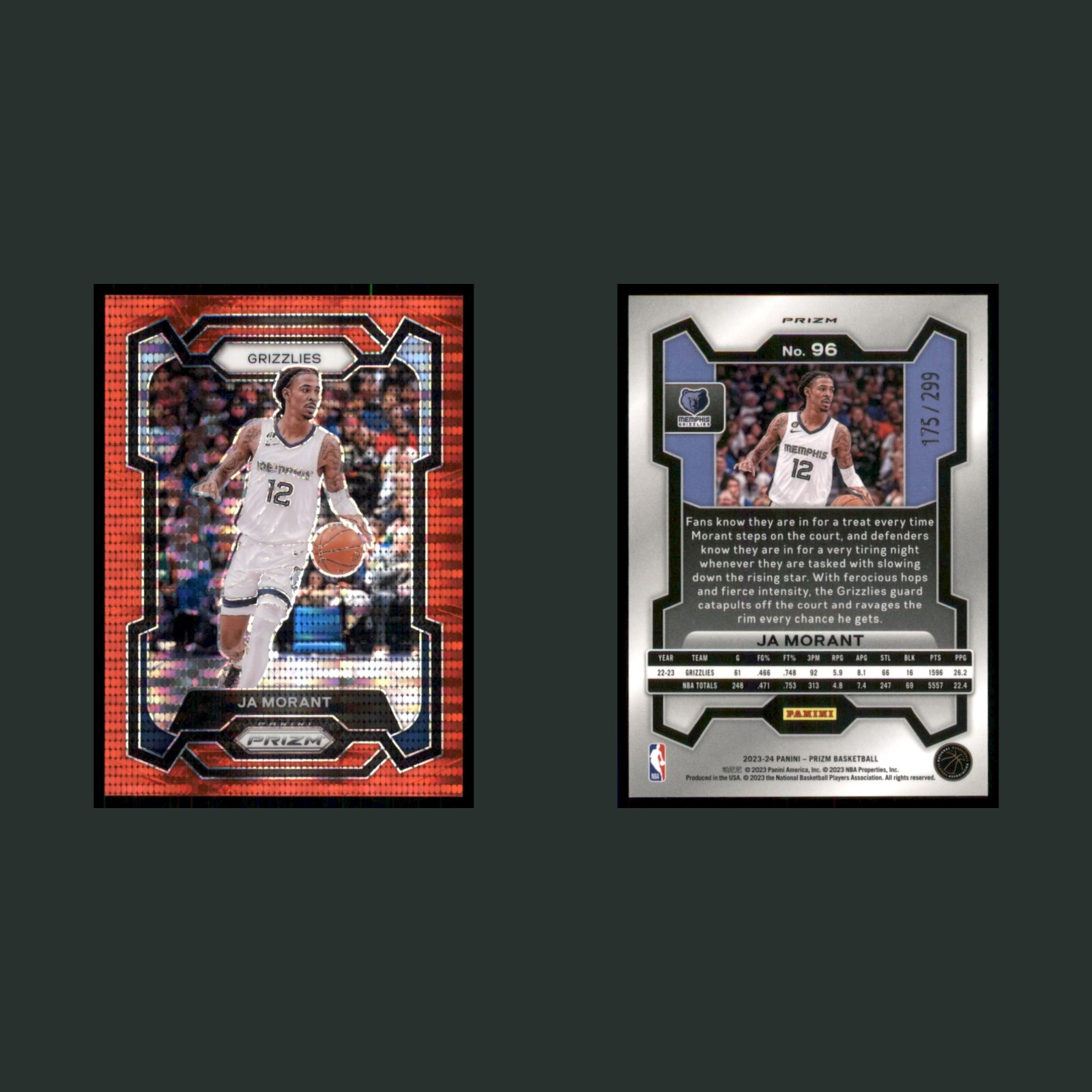 Ja Morant /299 #96 2023-24 Panini Prizm Prizms Red Seismic Memphis Grizzlies NBA front and back scans. Card condition is Near Mint.