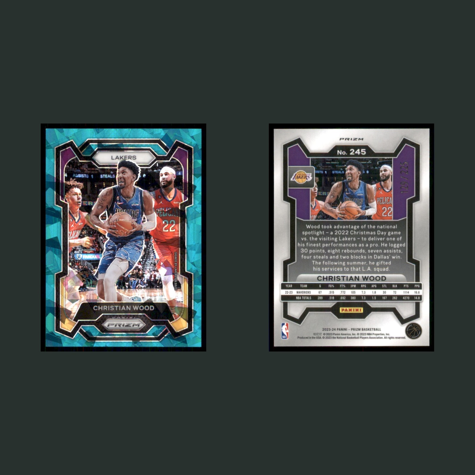 Christian Wood /225 #245 2023-24 Panini Prizm Prizms Teal Ice Los Angeles Lakers front and back scans. Card condition is Near Mint.
