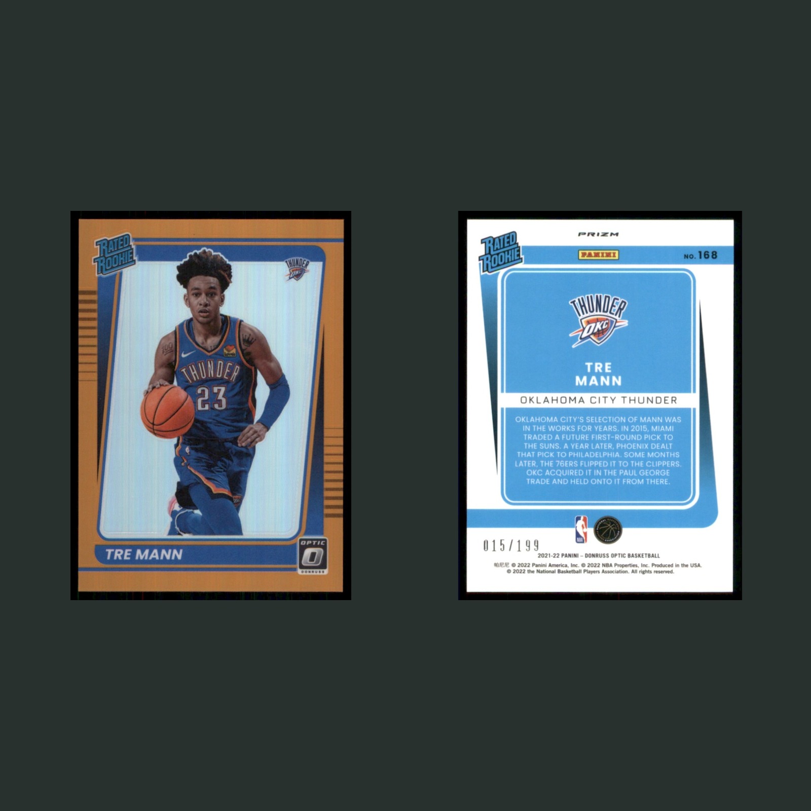 Tre Mann Rookie /199 #168 2021-22 Donruss Optic Orange Prizm Thunder Basketball front and back scans. Card condition is Near Mint.