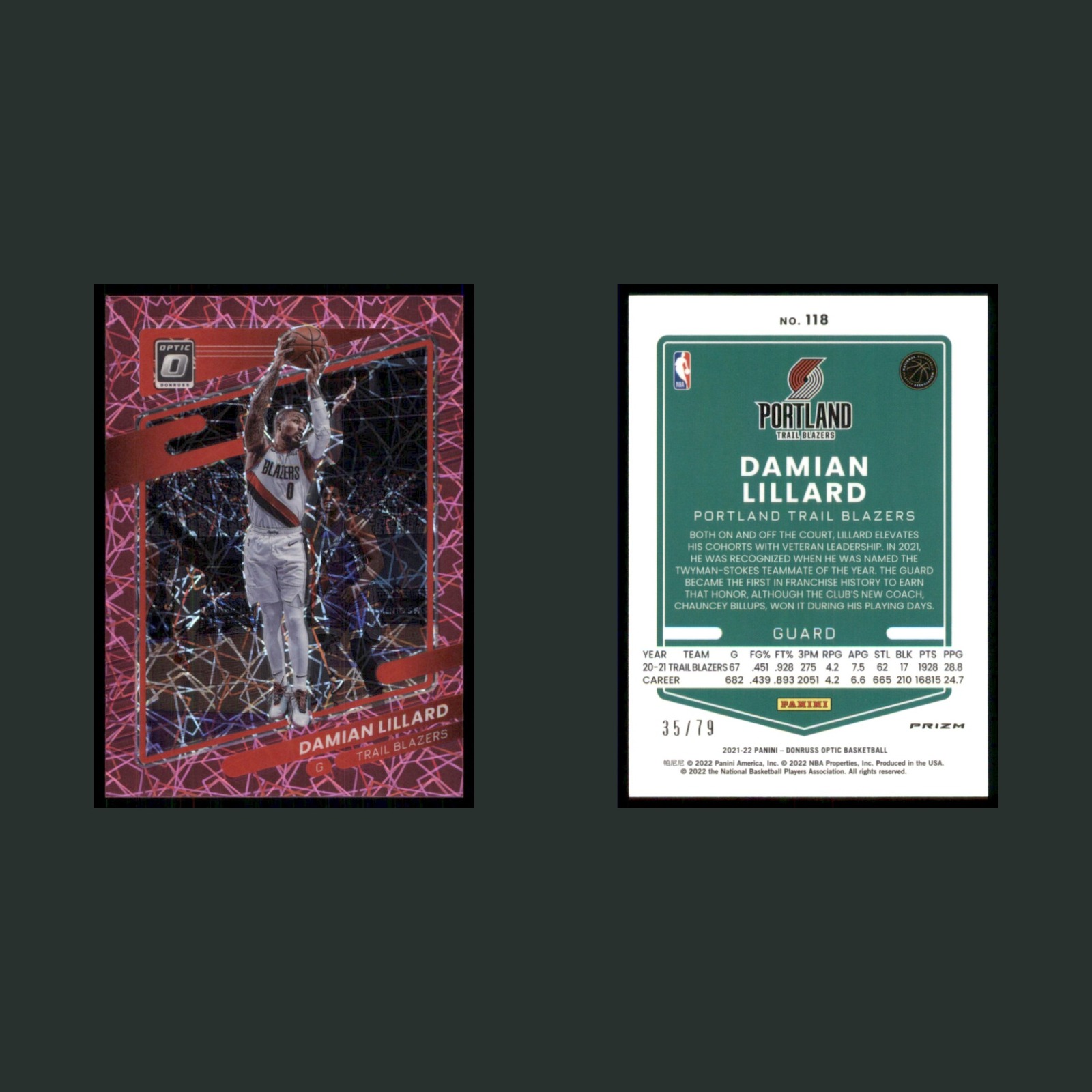 Damian Lillard /79 #118 2021-22 Donruss Optic Pink Velocity Prizm Blazers Card front and back scans. Card condition is Near Mint.