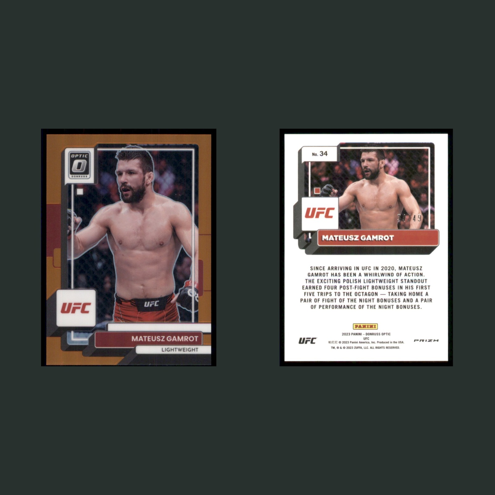 Mateusz Gamrot /49 #34 2023 Panini Donruss Optic Orange Prizm MMA Card front and back scans. Card condition is Near Mint.