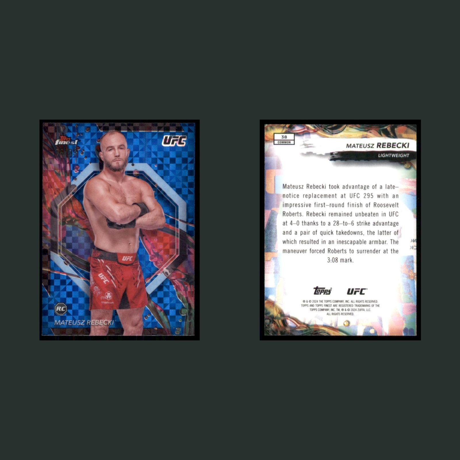 Mateusz Rebecki Rookie /99 #38 2024 Topps Chrome UFC Blue Checkerboard Refractor front and back scans. Card condition is Near Mint.