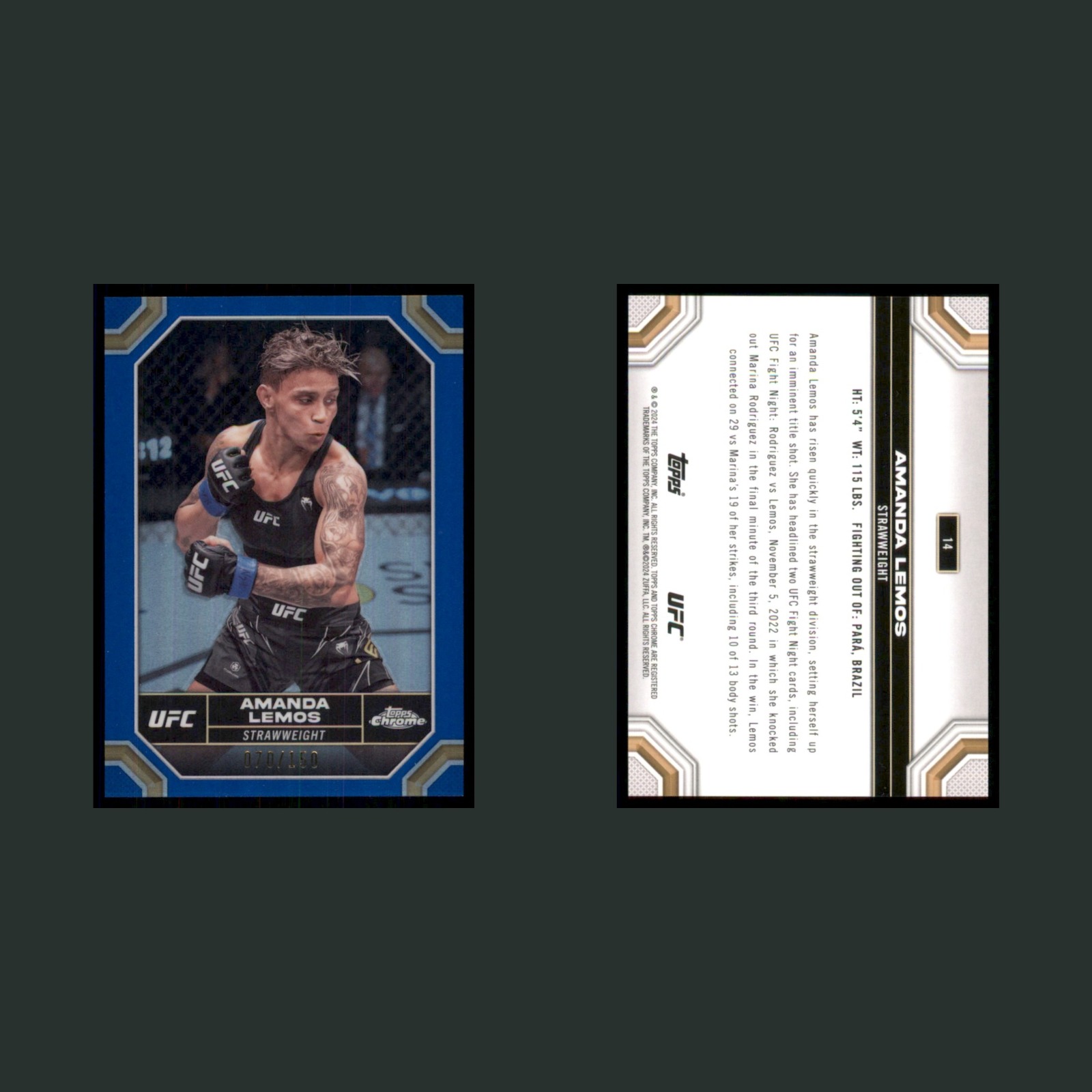 Amanda Lemos /150 #14 2023 Topps Chrome UFC Blue Refractor MMA Card front and back scans. Card condition is Near Mint.