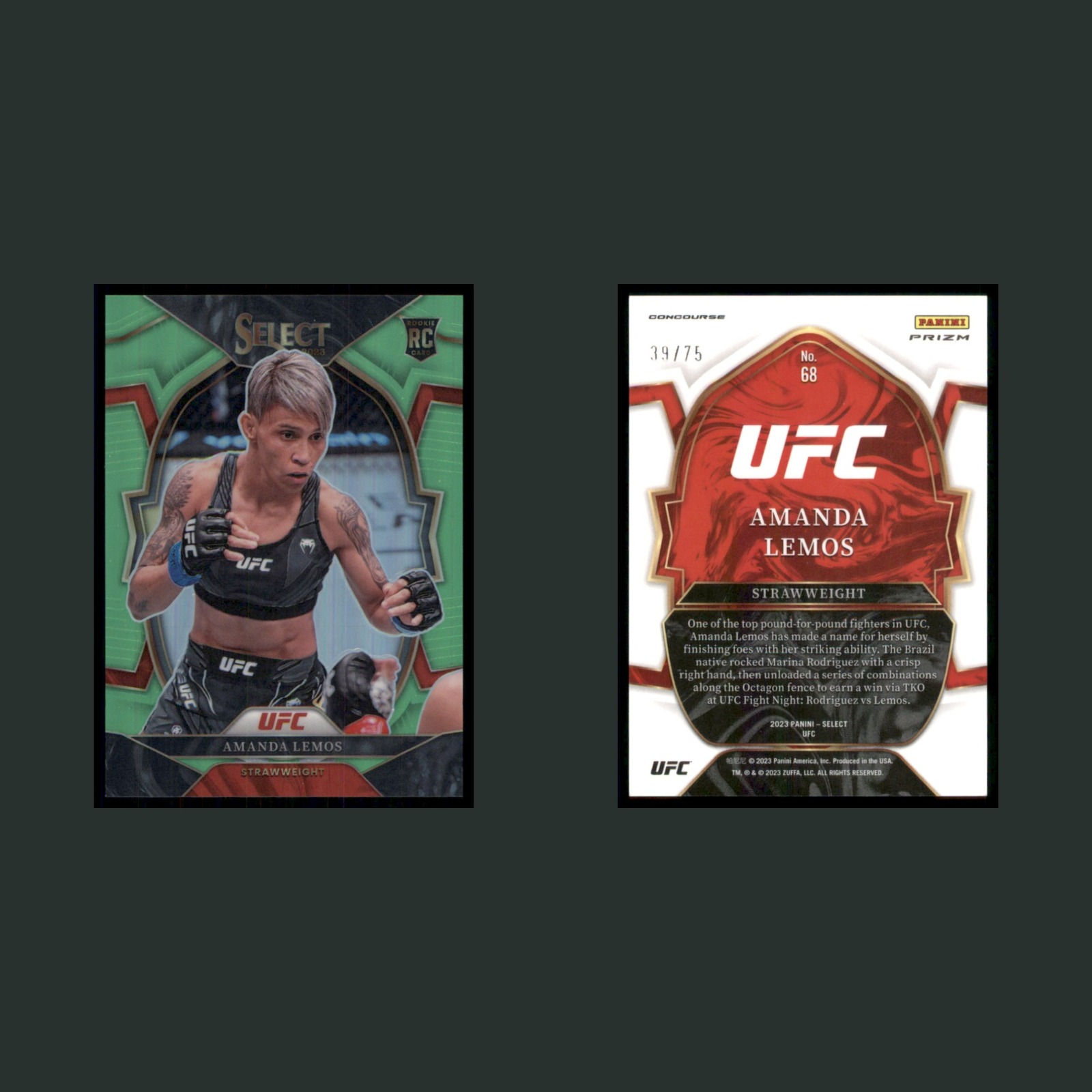 Amanda Lemos Rookie /75 #68 2023 Panini Prizm UFC Select Neon Green Prizm MMA front and back scans. Card condition is Near Mint.
