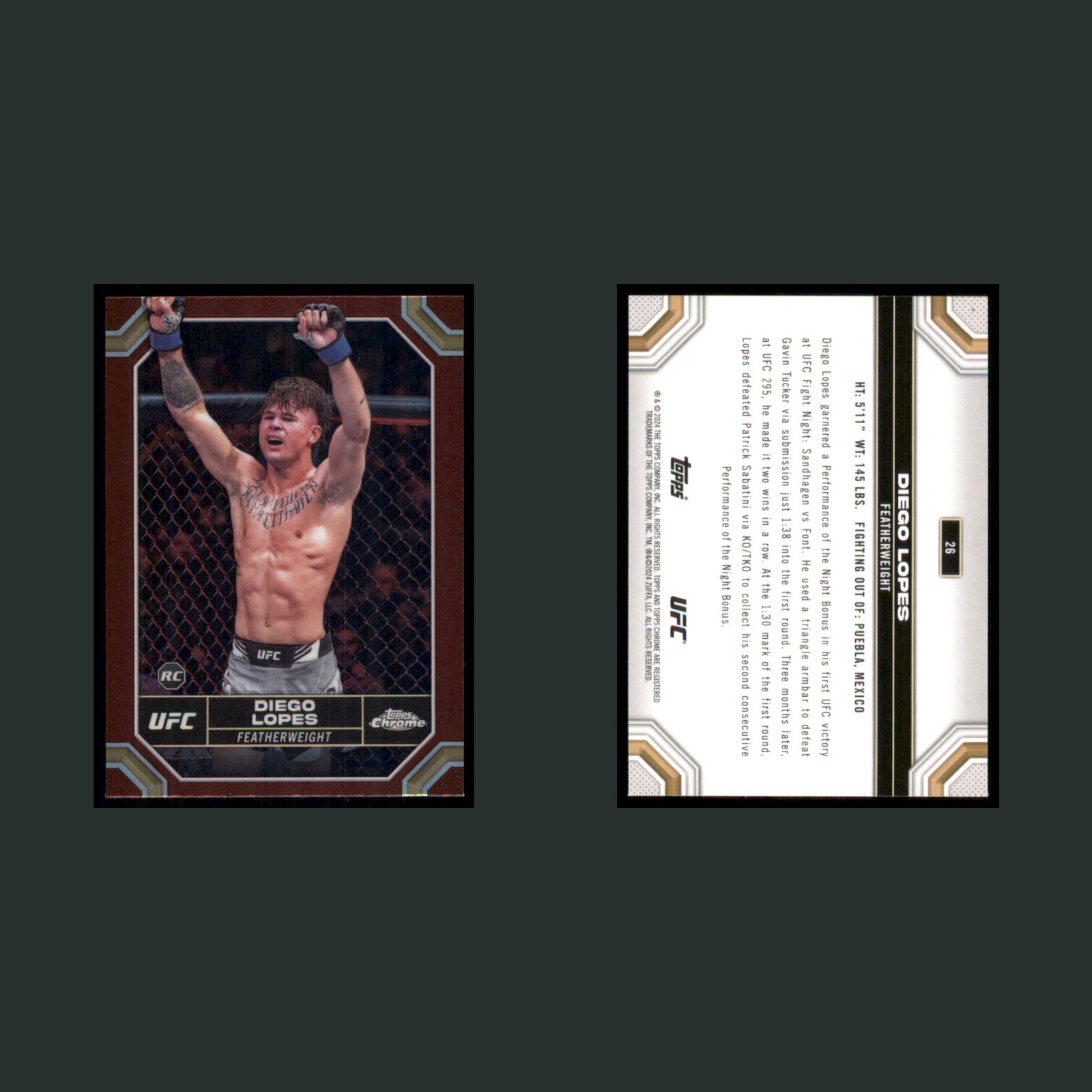 Diego Lopes Rookie #26 2024 Topps Chrome UFC Magenta Refractor MMA Card front and back scans. Card condition is Near Mint.