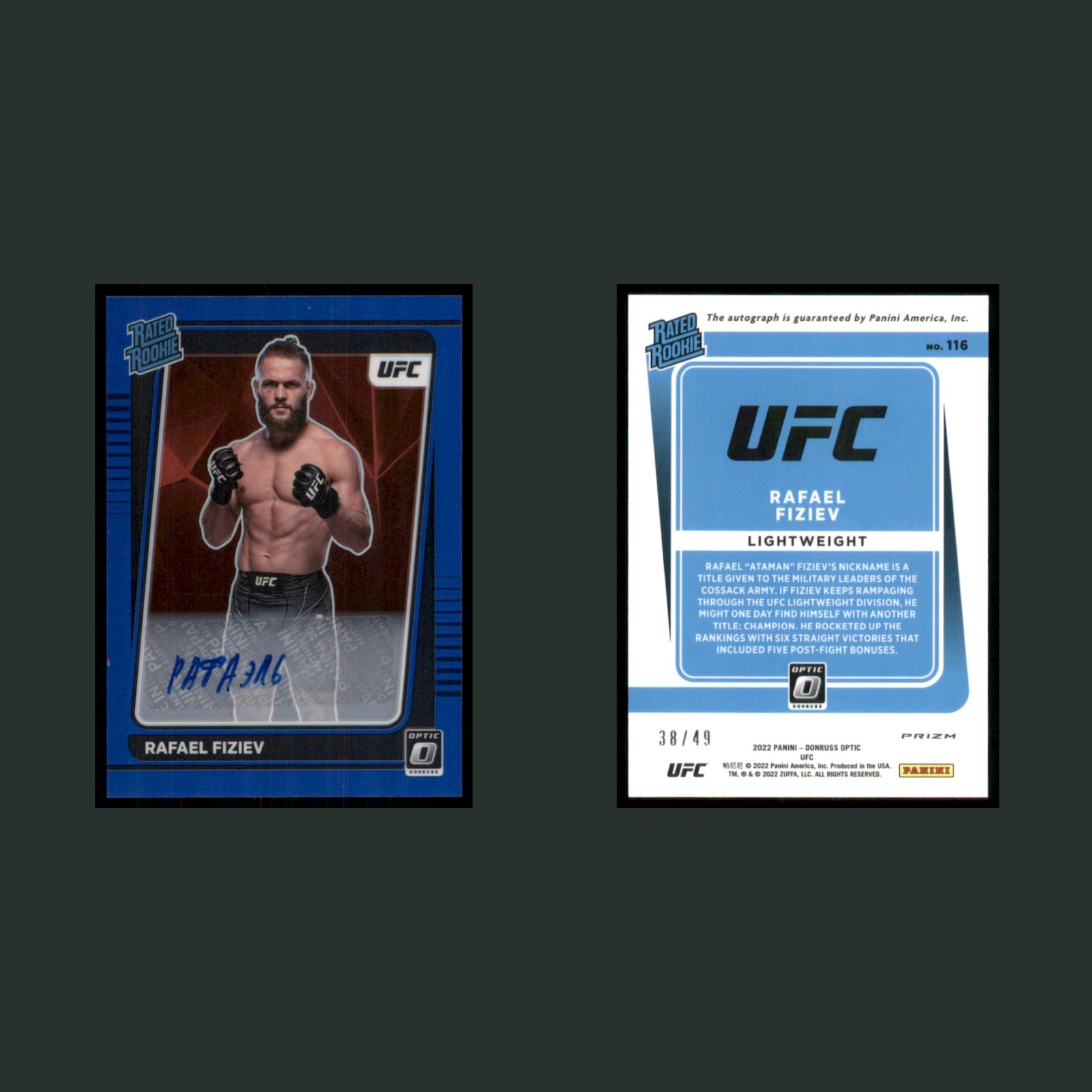Rafael Fiziev Rookie /49 #116 Autograph 2022 Panini Donruss UFC Optic Blue Prizm front and back scans. Card condition is Near Mint.