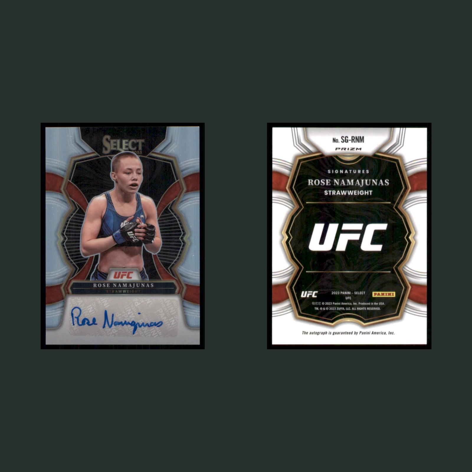 Rose Namajunas Auto #SG-RNM Autograph 2023 Panini Select UFC Silver Prizm MMA front and back scans. Card condition is Near Mint.