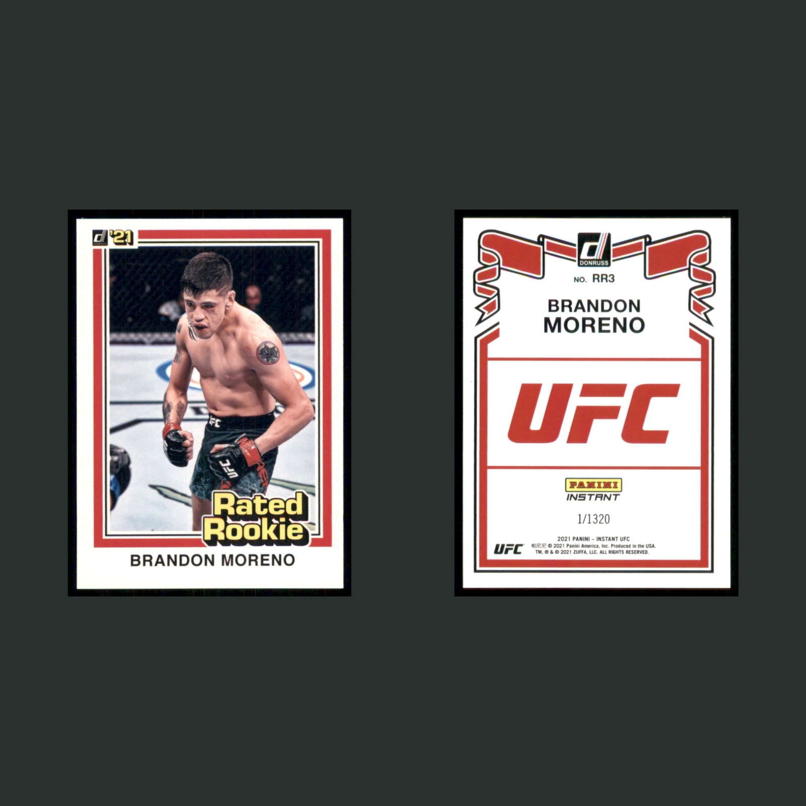 Brandon Moreno Rookie /1320 #RR3 2021 Panini Instant UFC MMA Card front and back scans. Card condition is Near Mint.