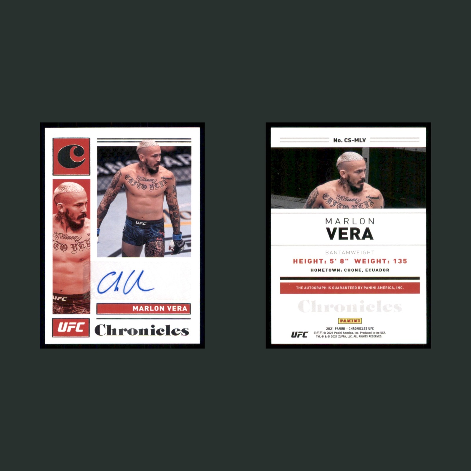 Marlon Vera Auto #CS-MLV Autograph 2021 Panini Chronicles UFC MMA Card front and back scans. Card condition is Near Mint.