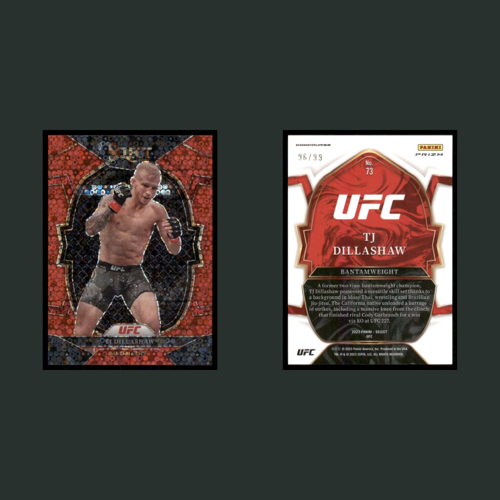 TJ Dillashaw /99 #73 2023 Panini Prizm UFC Red DIsco MMA Card front and back scans. Card condition is Near Mint.