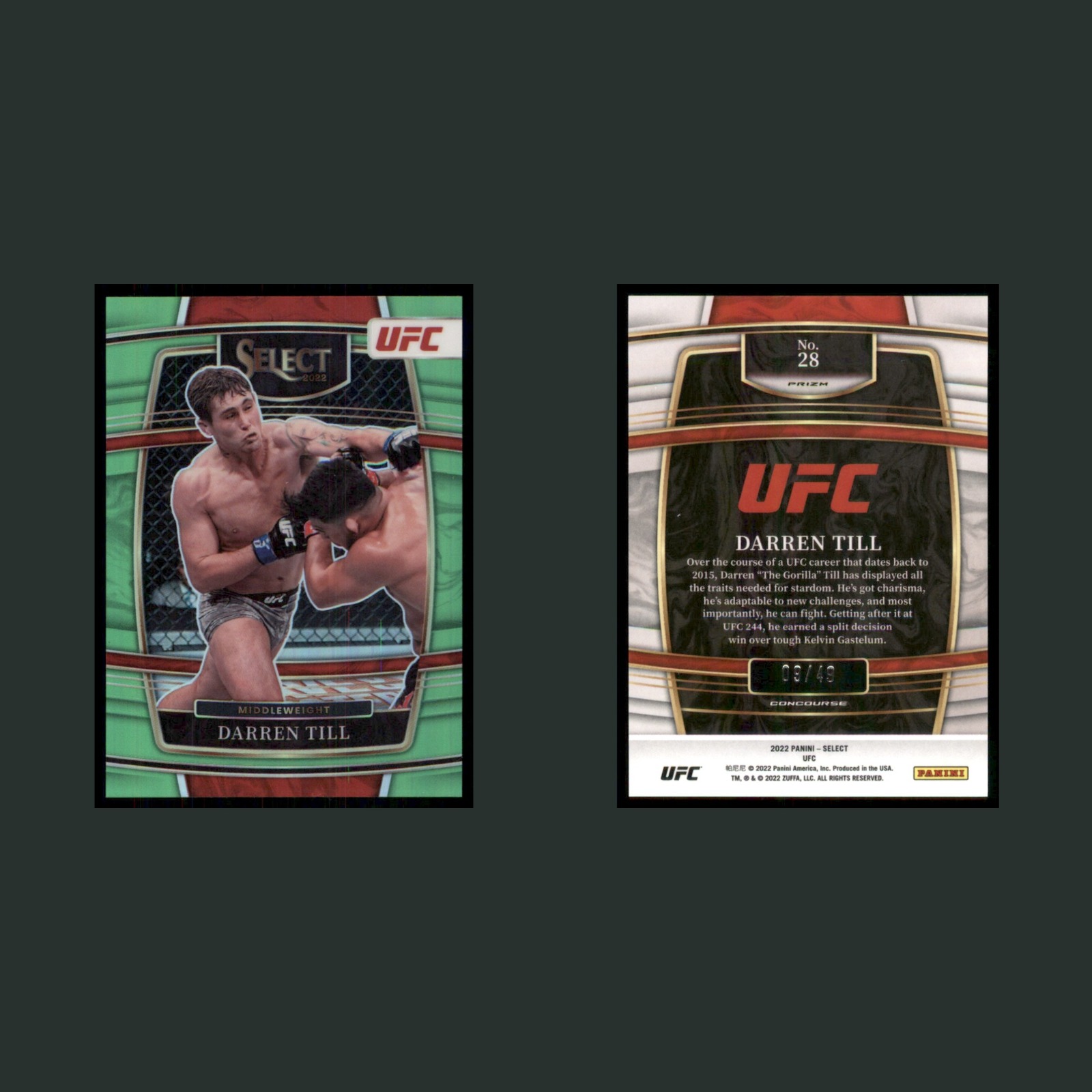 Darren Till /49 #28 2022 Panini Select UFC Neon Green Prizm MMA Card front and back scans. Card condition is Near Mint.