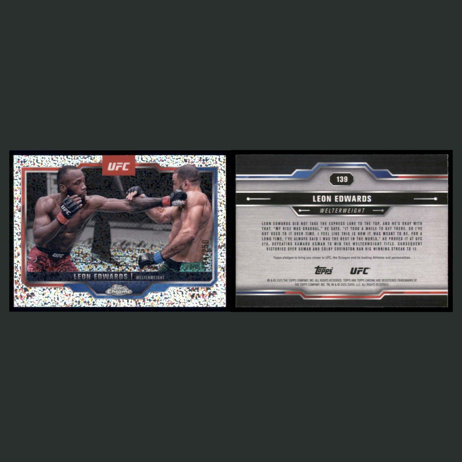 Leon Edwards /27 #139 2025 Topps Chrome UFC Speckle Refractor MMA Card front and back scans. Card condition is Near Mint.
