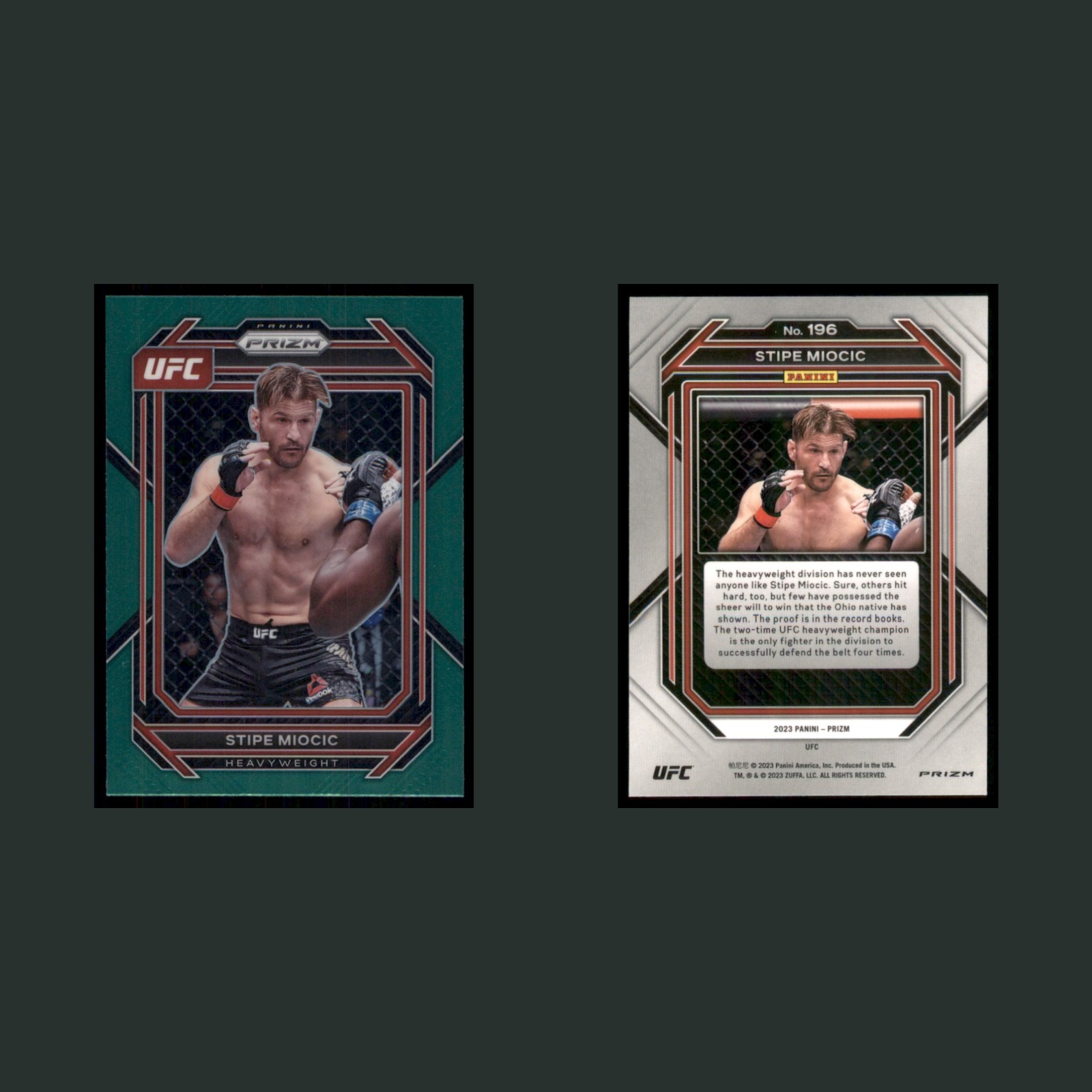 Stipe Miocic #196 2023 Panini Prizm UFC Green MMA Card front and back scans. Card condition is Near Mint.
