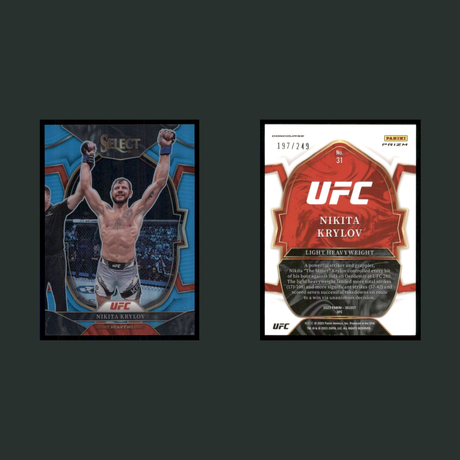 Nikita Krylov /249 #31 2023 Panini Select UFC Light Blue Prizm MMA Card front and back scans. Card condition is Near Mint.