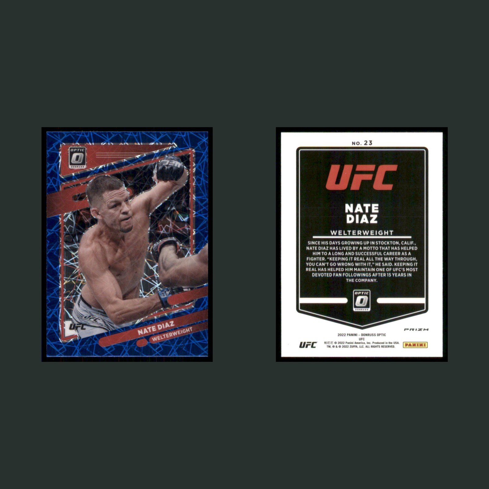 Nate Diaz #23 2022 Panini Donruss Optic Blue Velocity Prizm MMA Card front and back scans. Card condition is Near Mint.