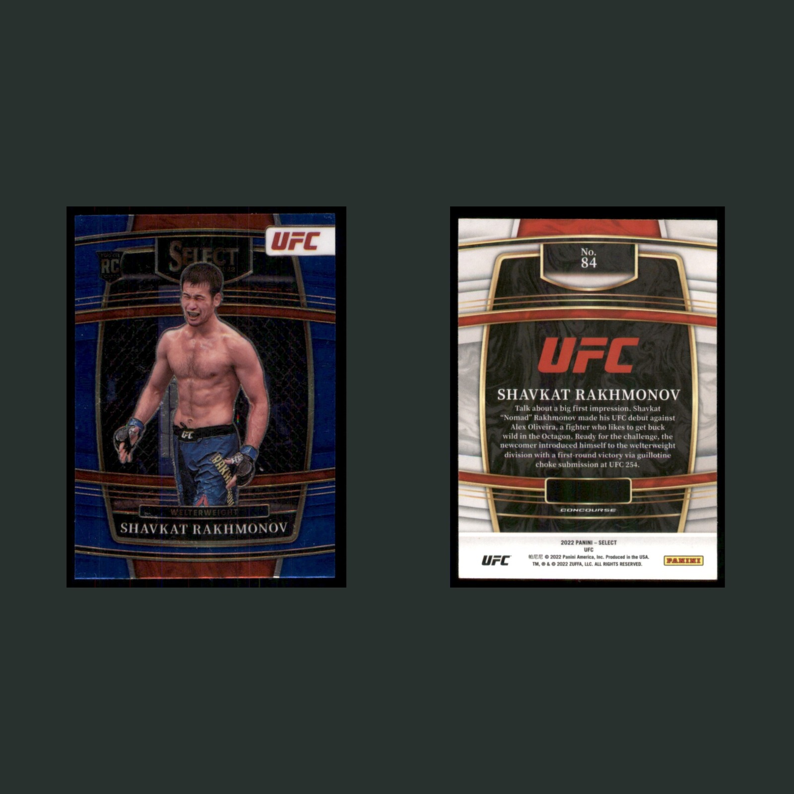 Shavkat Rakhmonov Rookie #84 2022 Panini Select UFC MMA Card front and back scans. Card condition is Near Mint.
