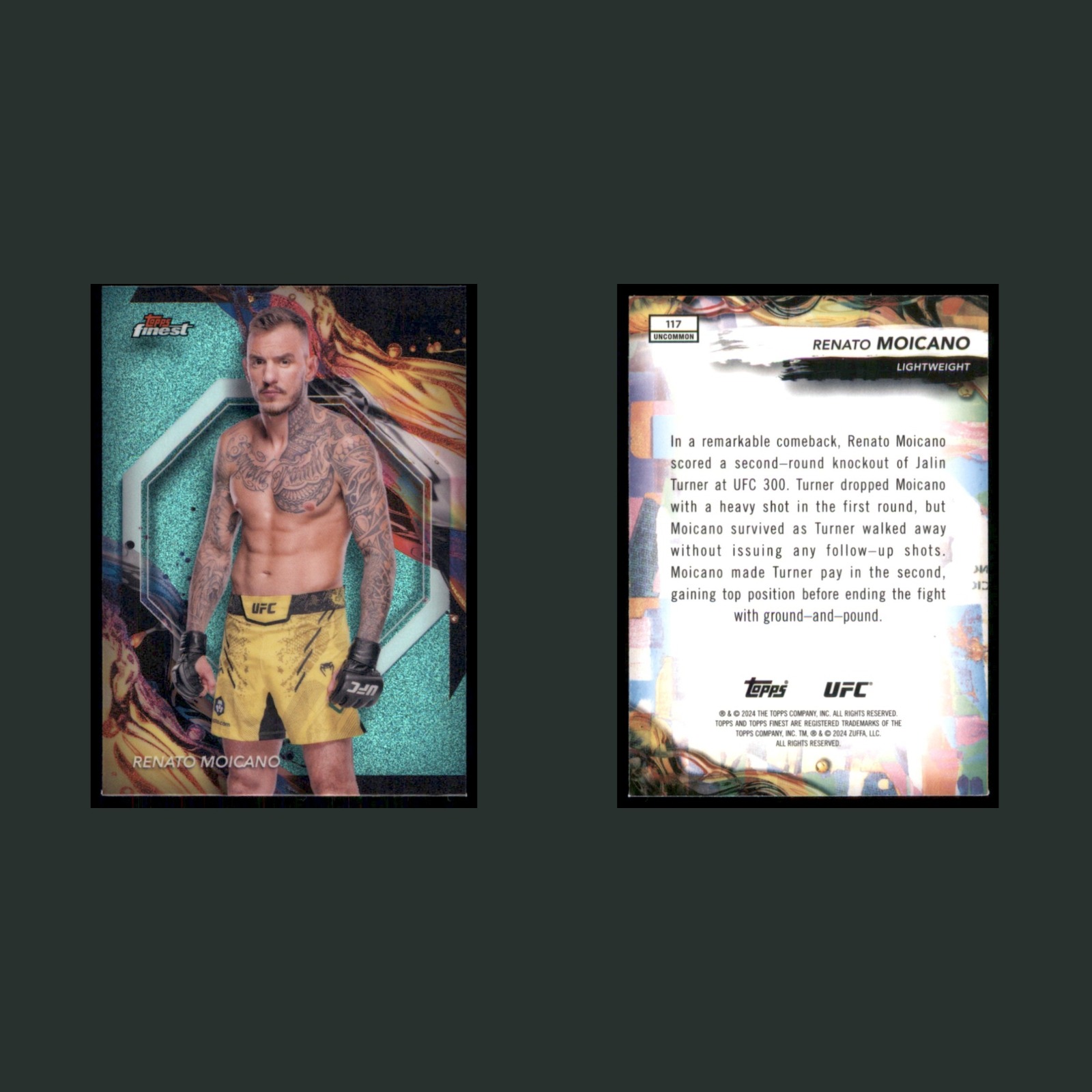 Renato Moicano #117 2024 Topps Finest UFC Aqua Glitter Refractor MMA Card front and back scans. Card condition is Excellent.