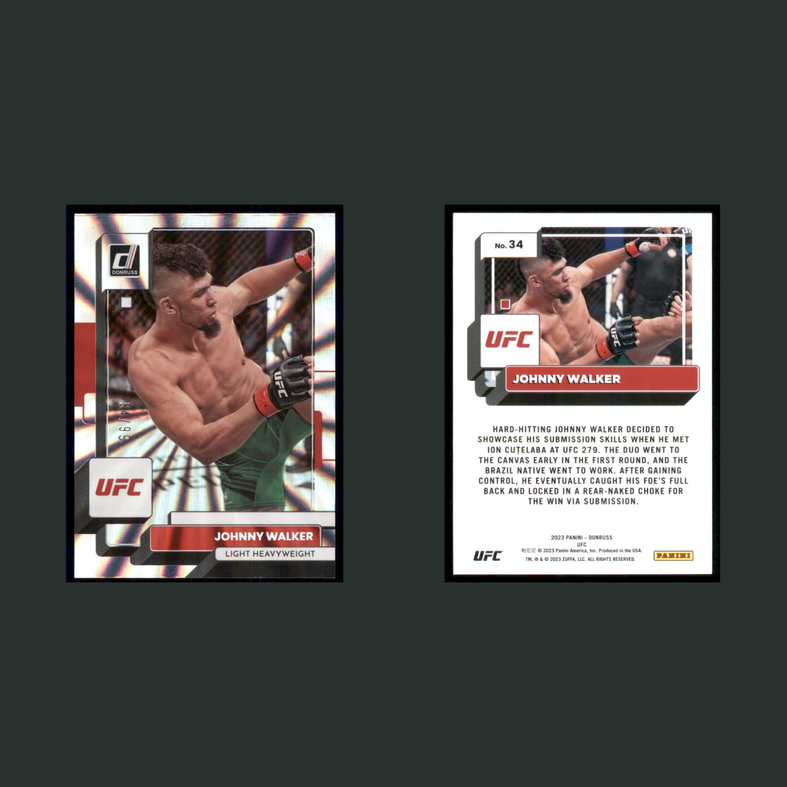 Johnny Walker #34 2023 Panini Donruss UFC Laser MMA Card front and back scans. Card condition is Near Mint.