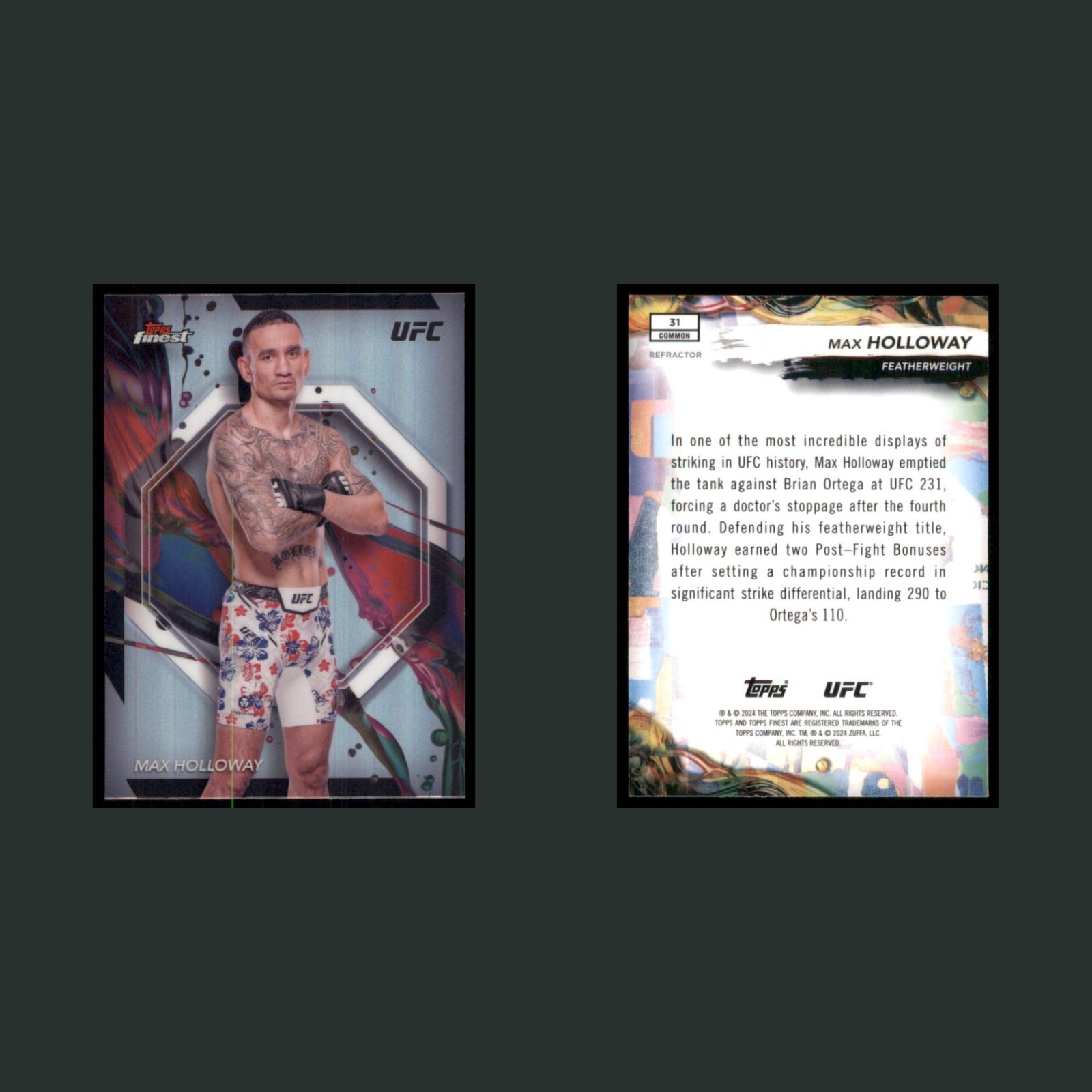 Max Holloway #31 2024 Topps Finest UFC Refractor MMA Card front and back scans. Card condition is Near Mint.