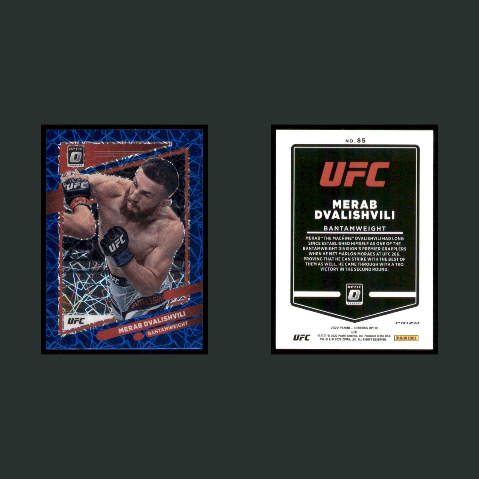 Merab Dvalishvili #85 2022 Panini Donruss UFC Optic Blue Velocity MMA Card front and back scans. Card condition is Near Mint.