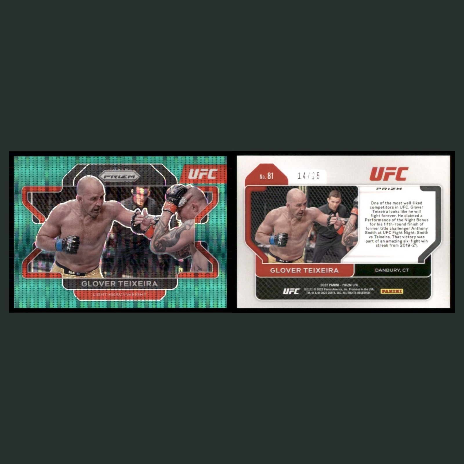 Glover Teixeira /25 #81 2022 Panini Prizm UFC Green Pulsar Prizm MMA Card front and back scans. Card condition is Near Mint.