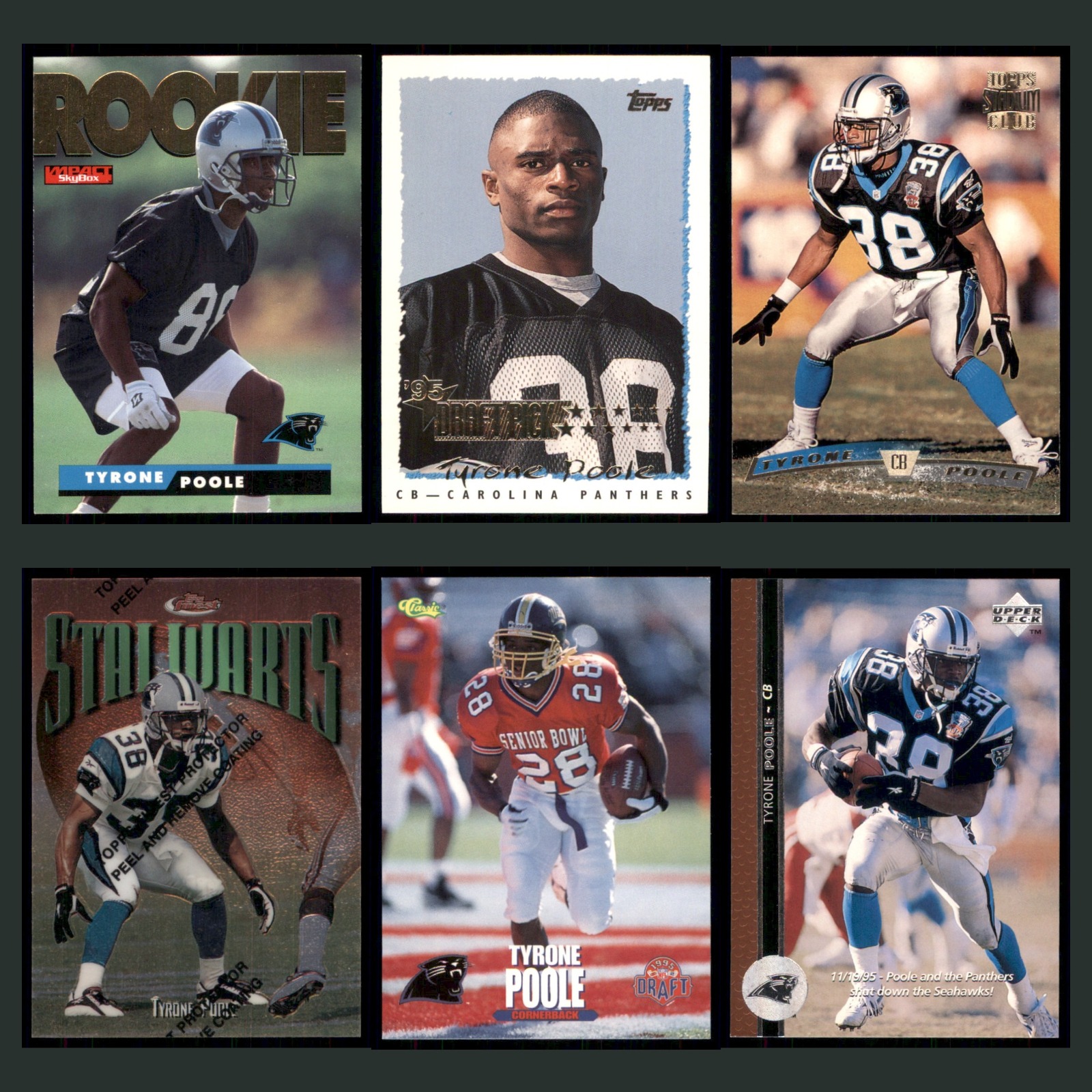 Tyrone Poole Rookie Lot 6 Football Cards 1995 SkyBox Impact Carolina Panthers EX card scans. Overall card condition is Excellent.