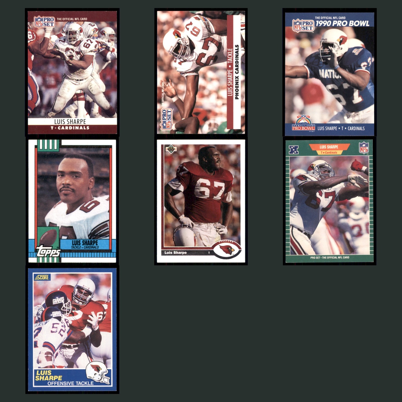Luis Sharpe Lot 7 Football Cards 1990 Pro Set Phoenix Cardinals Set Collection card scans. Overall card condition is Excellent.
