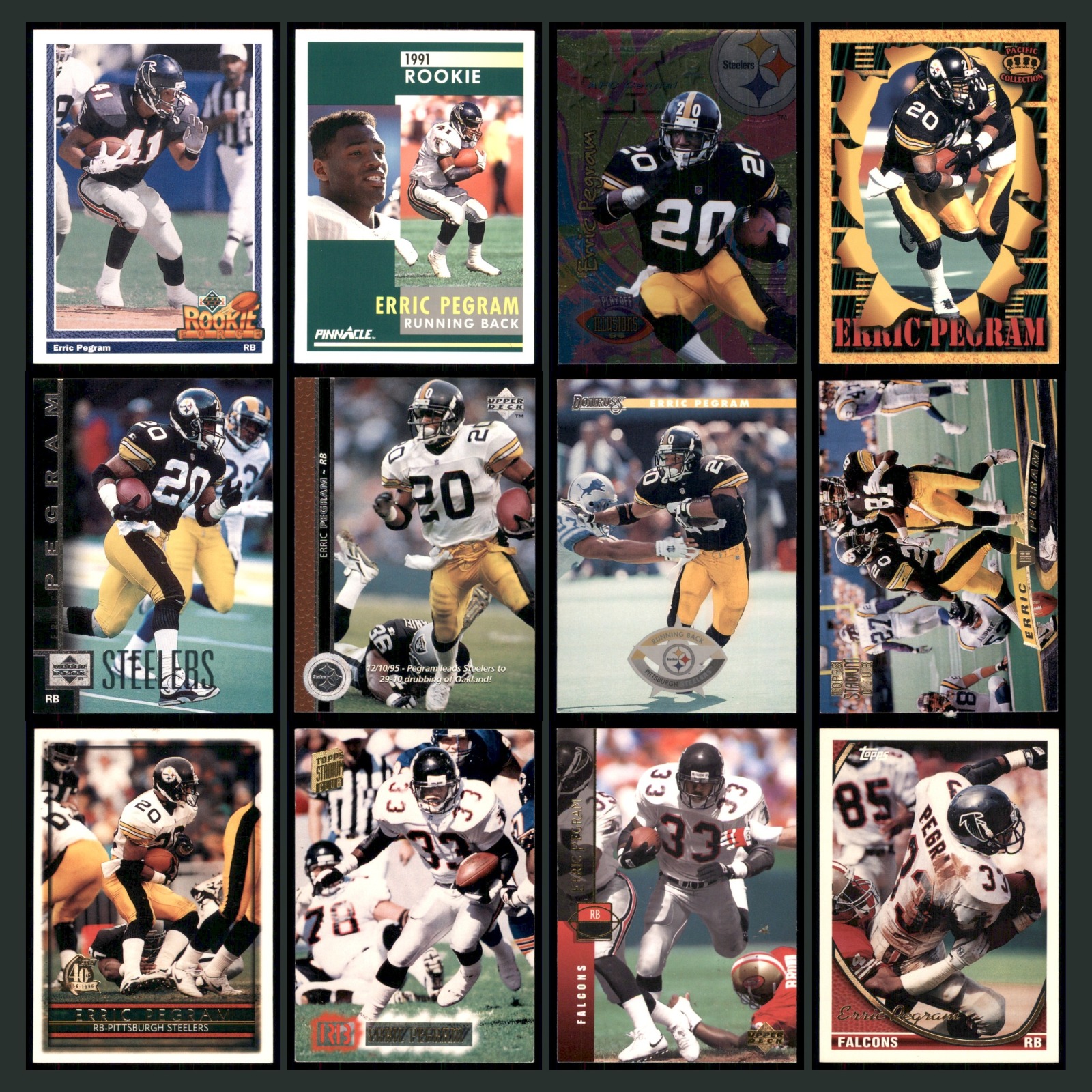 Erric Pegram Rookie Lot 12 Football Cards 1991 Upper Deck Atlanta Falcons Set EX card scans. Overall card condition is Excellent.