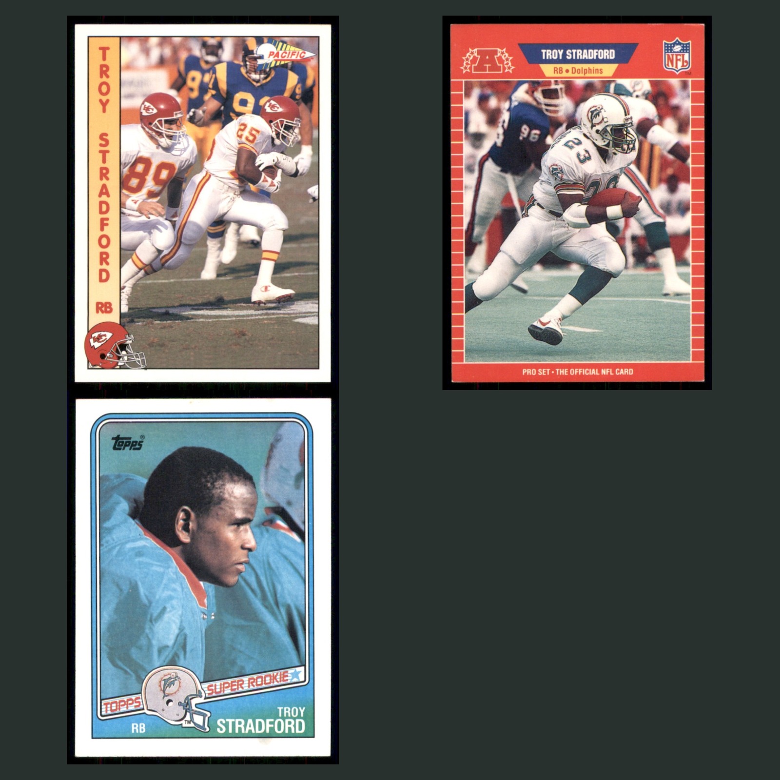 Troy Stradford Lot 3 Football Cards 1991 Pacific Kansas City Chiefs Set NFL EX card scans. Overall card condition is Excellent.