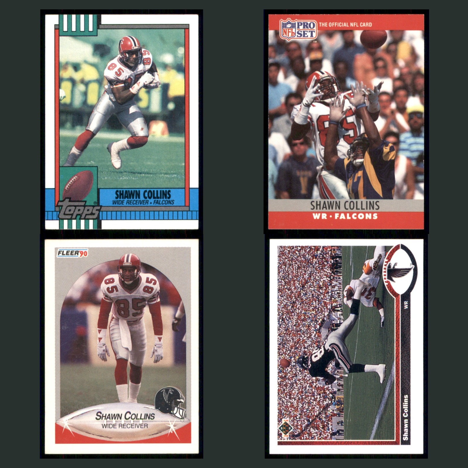 Shawn Collins Lot 4 Football Cards 1990 Atlanta Falcons Set Collection NFL EX card scans. Overall card condition is Excellent.