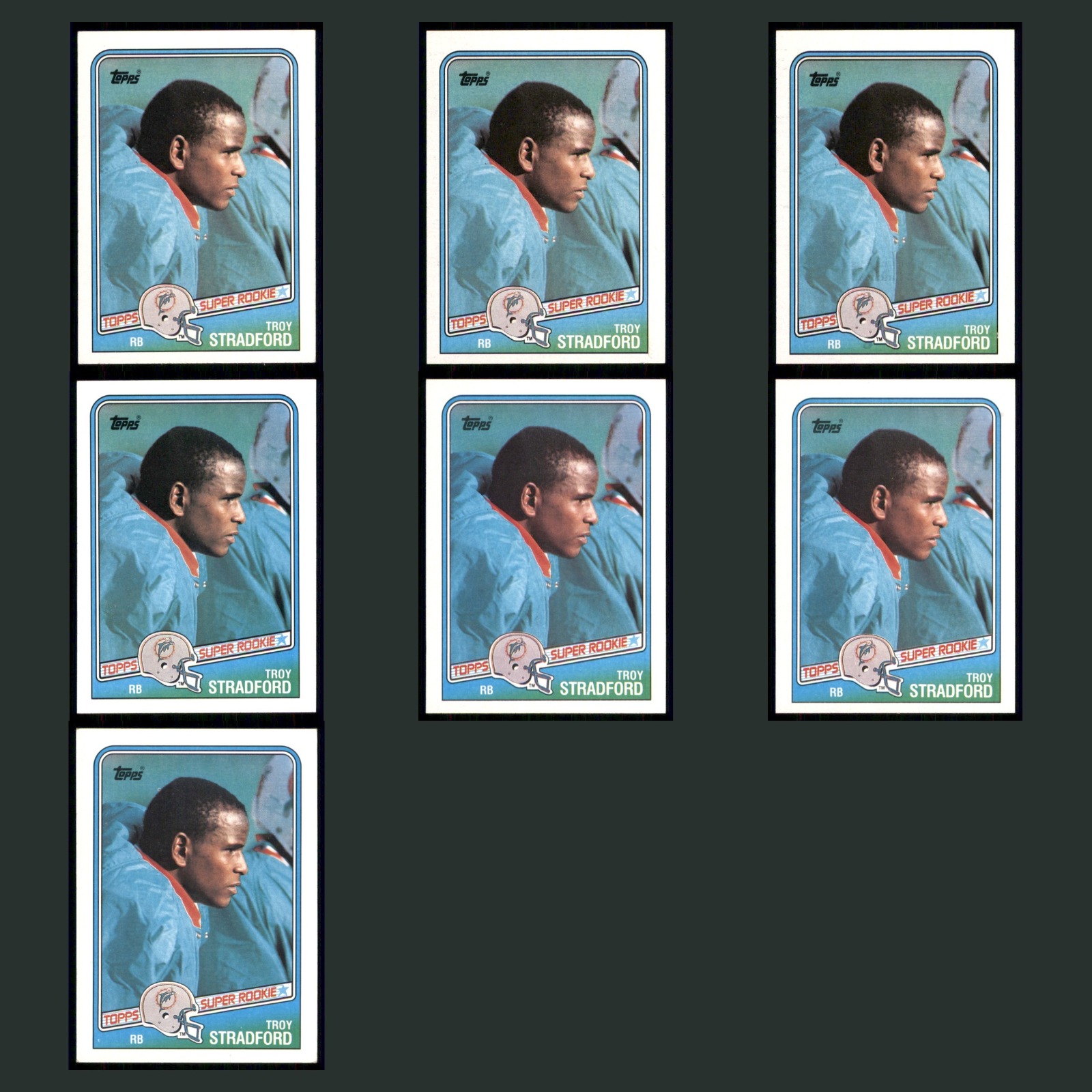 Troy Stradford Rookie Lot 7 Football Cards 1988 Topps Miami Dolphins Set NFL EX card scans. Overall card condition is Excellent.