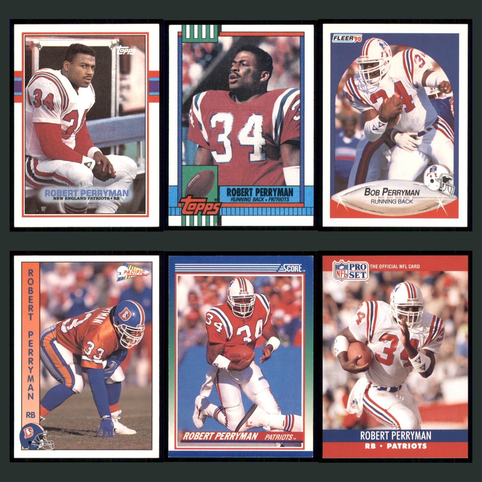 Robert Perryman Rookie Lot 6 Football Cards 1989 Topps New England Patriots Set card scans. Overall card condition is Excellent.