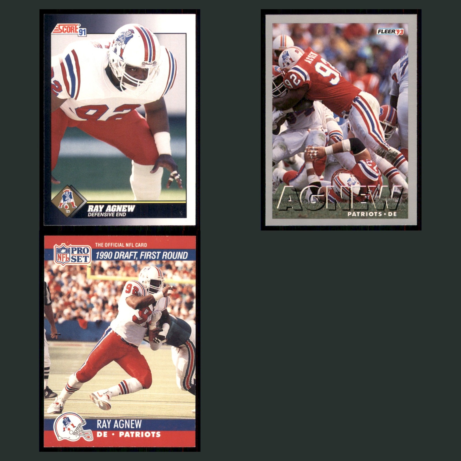 Ray Agnew Lot 3 Football Cards 1991 Score New England Patriots Set Collection EX card scans. Overall card condition is Excellent.