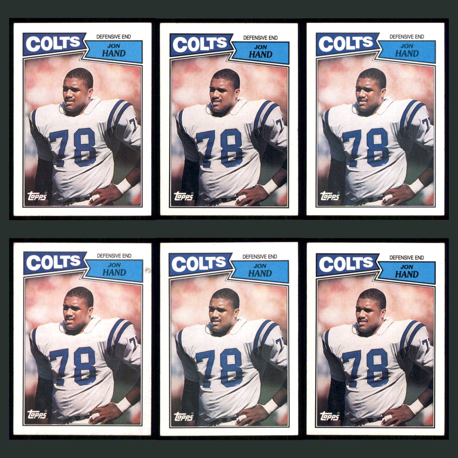 Jon Hand Rookie Lot 6 Football Cards 1987 Topps Indianapolis Colts Set NFL EX card scans. Overall card condition is Excellent.