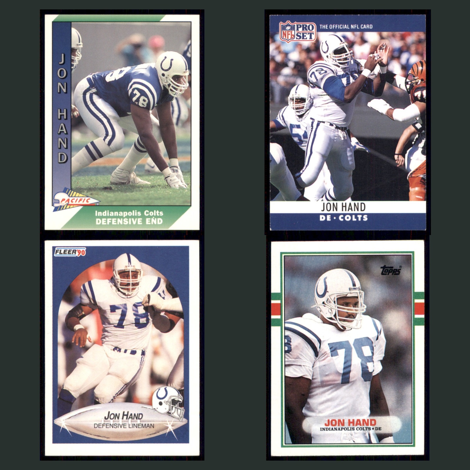 Jon Hand Lot 4 Football Cards 1991 Pacific Indianapolis Colts Set Collection NFL card scans. Overall card condition is Excellent.