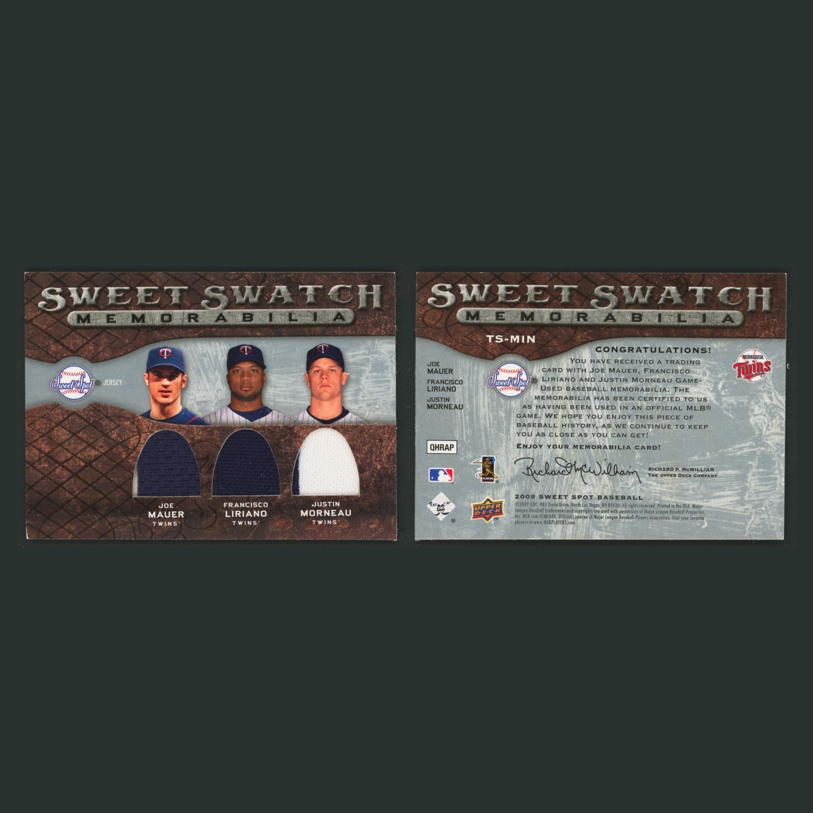 Joe Mauer/Francisco Liriano/Justin Morneau Patch #TS-MIN 2009 Minnesota Twins front and back scans. Card condition is Excellent.
