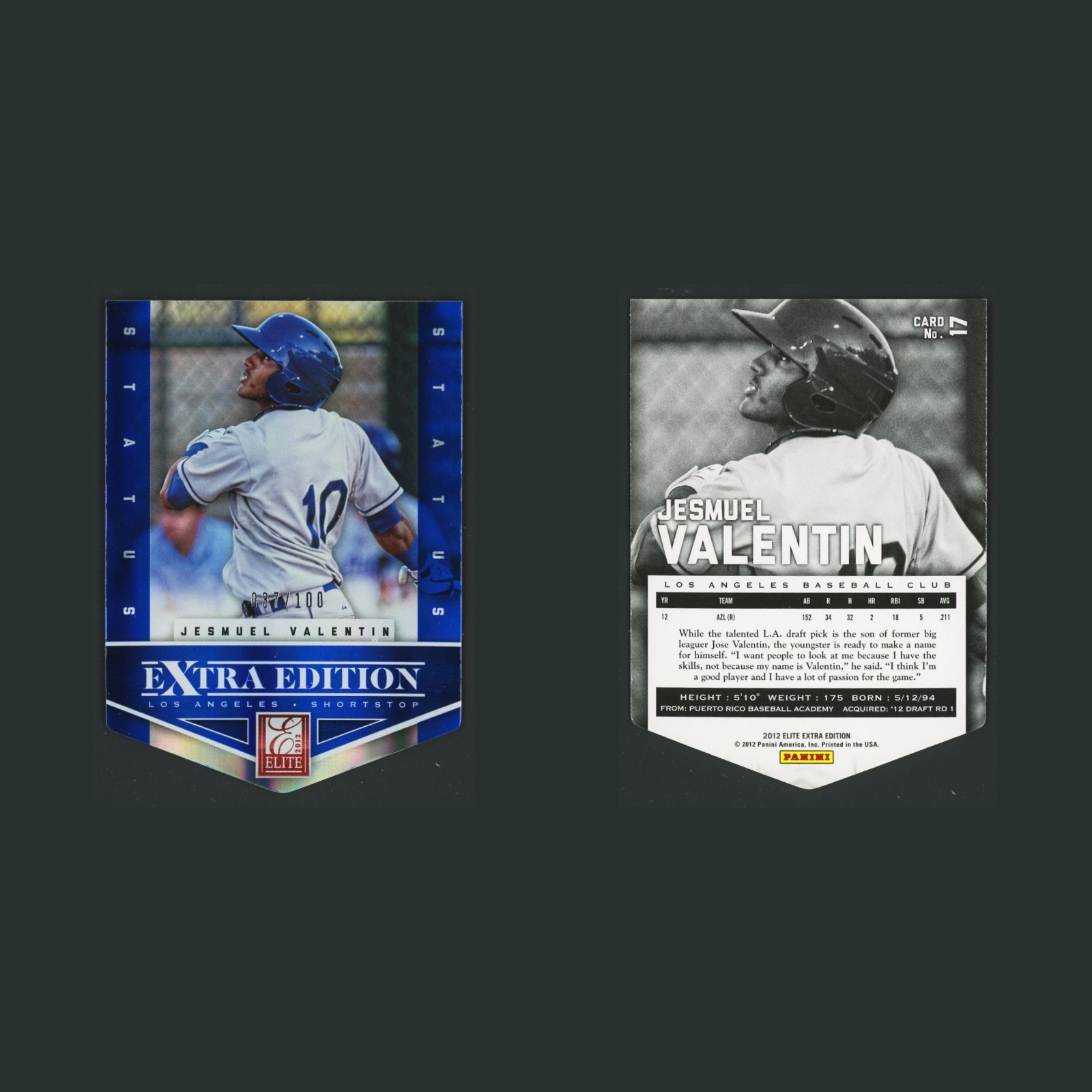 Jesmuel Valentin Rookie /100 #17 2012 Panini Elite Extra Edition Blue Dodgers front and back scans. Card condition is Near Mint.