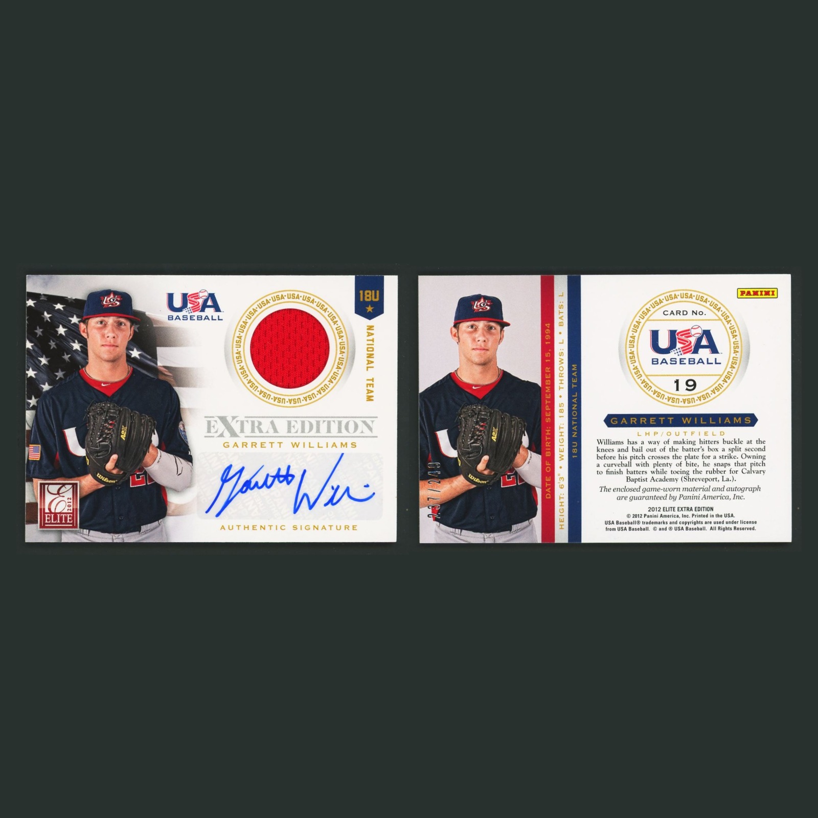 Garrett Williams Patch Auto #18U Autograph 2012 Donruss Elite Extra Edition USA front and back scans. Card condition is Near Mint.