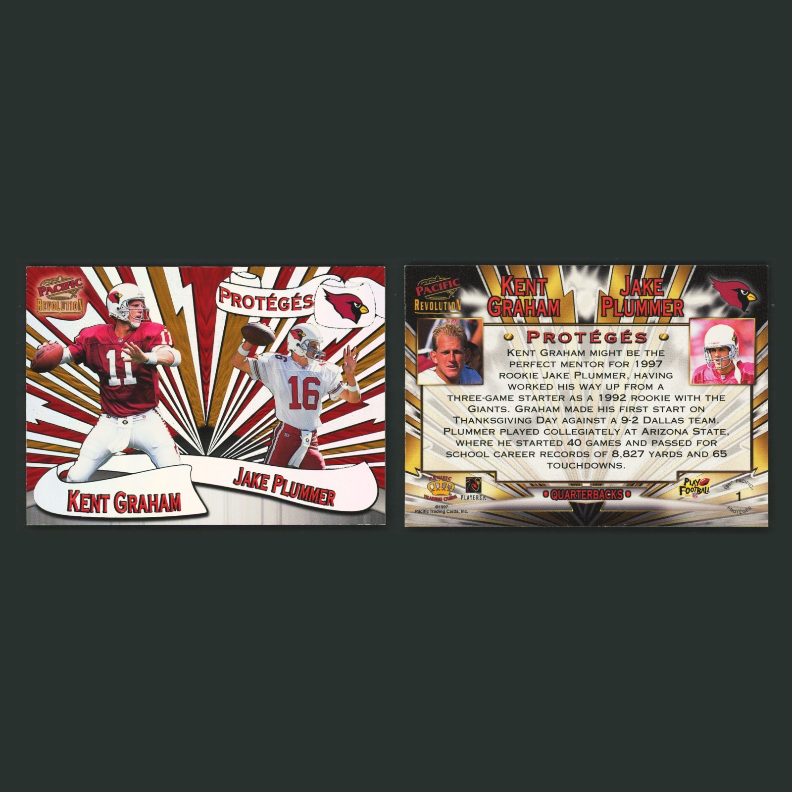 Kent Graham/Jake Plummer #1 1997 Pacific Revolution Proteges Silver Cardinals front and back scans. Card condition is Excellent.