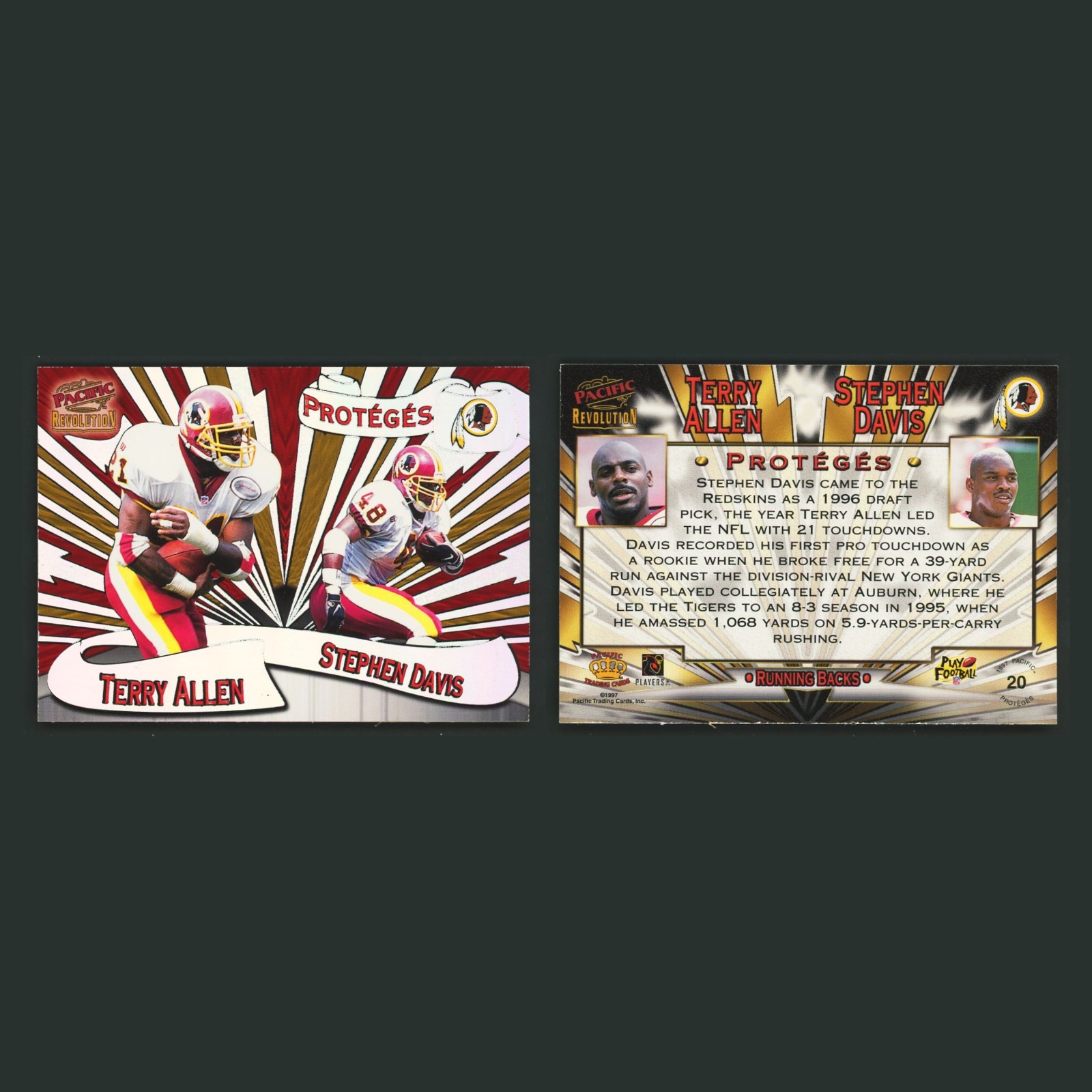 Terry Allen/Stephen Davis #20 1997 Pacific Revolution Proteges Silver Redskins front and back scans. Card condition is Excellent.