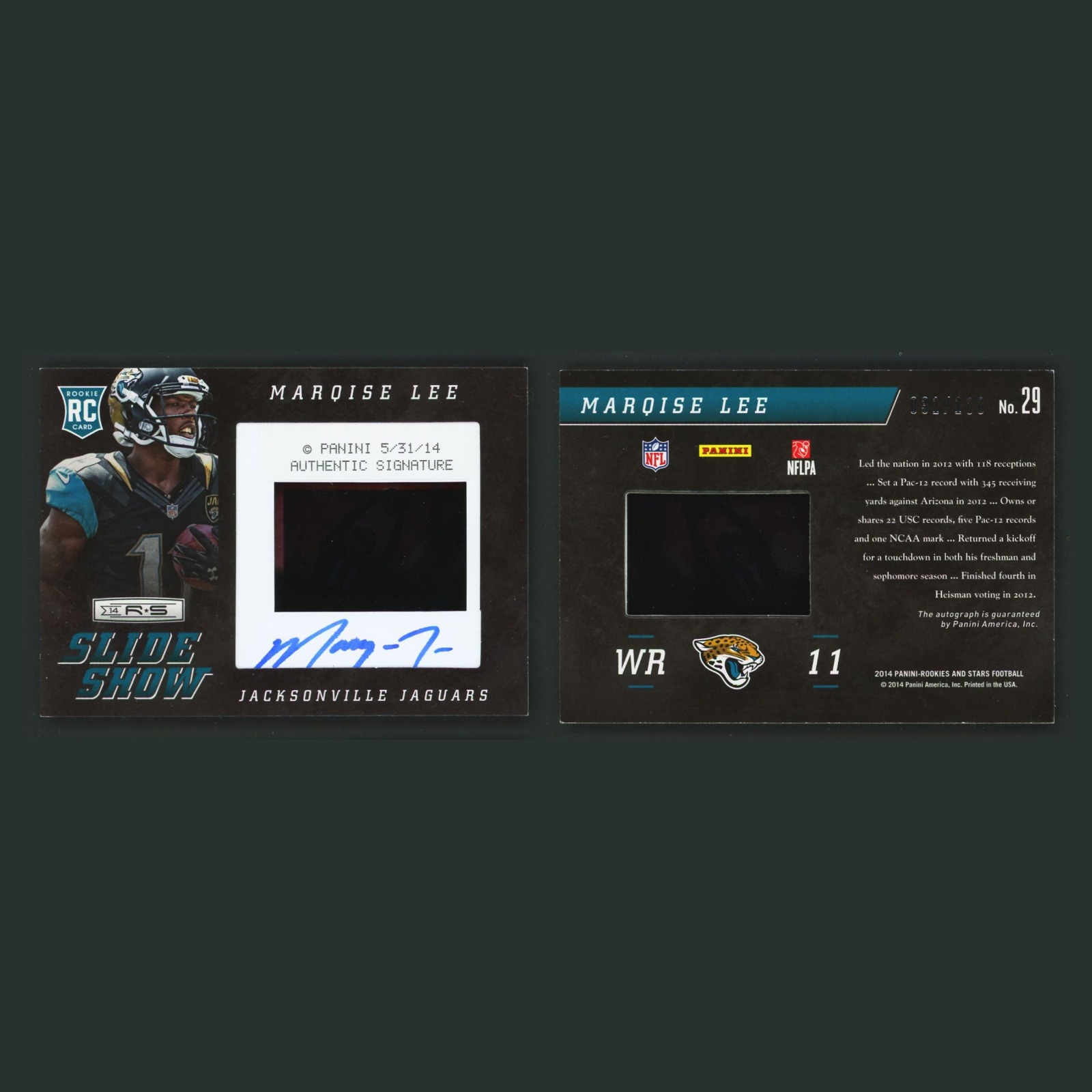 Marqise Lee RPA /100 #29 Autograph 2014 Panini Rookies & Stars Slide Show Card front and back scans. Card condition is Near Mint.