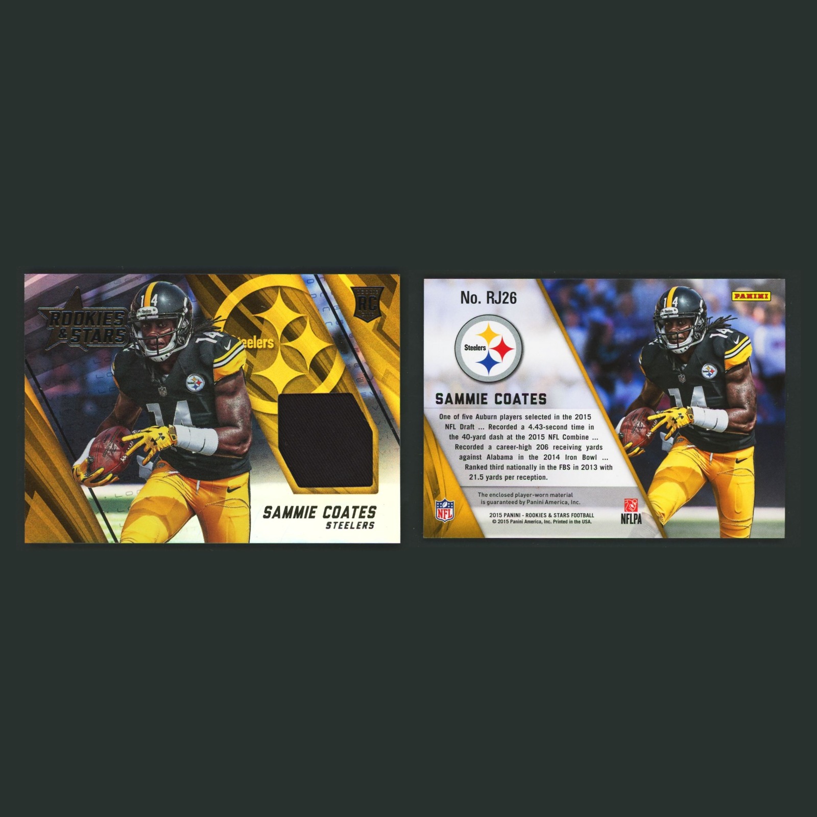 Sammie Coates Rookie Patch #RJ26 2015 Pittsburgh Steelers Football Card NFL front and back scans. Card condition is Near Mint.